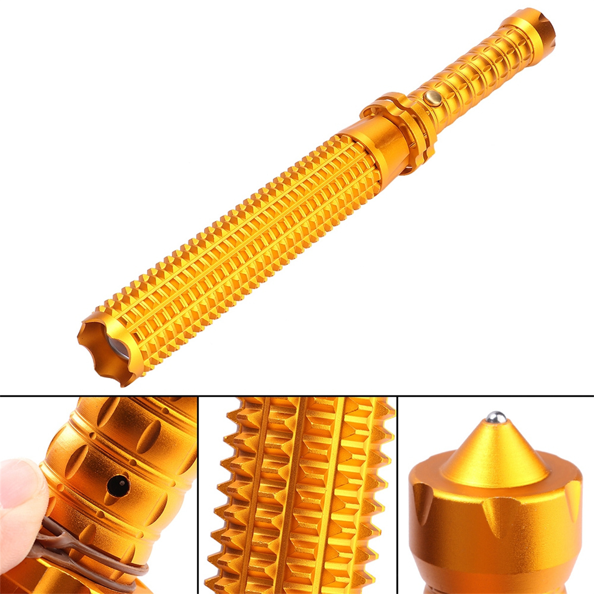 Ein goldfarbener Schlagstock mit strukturierter Oberfläche. Das Produkt hat drei detaillierte Nahaufnahmen.