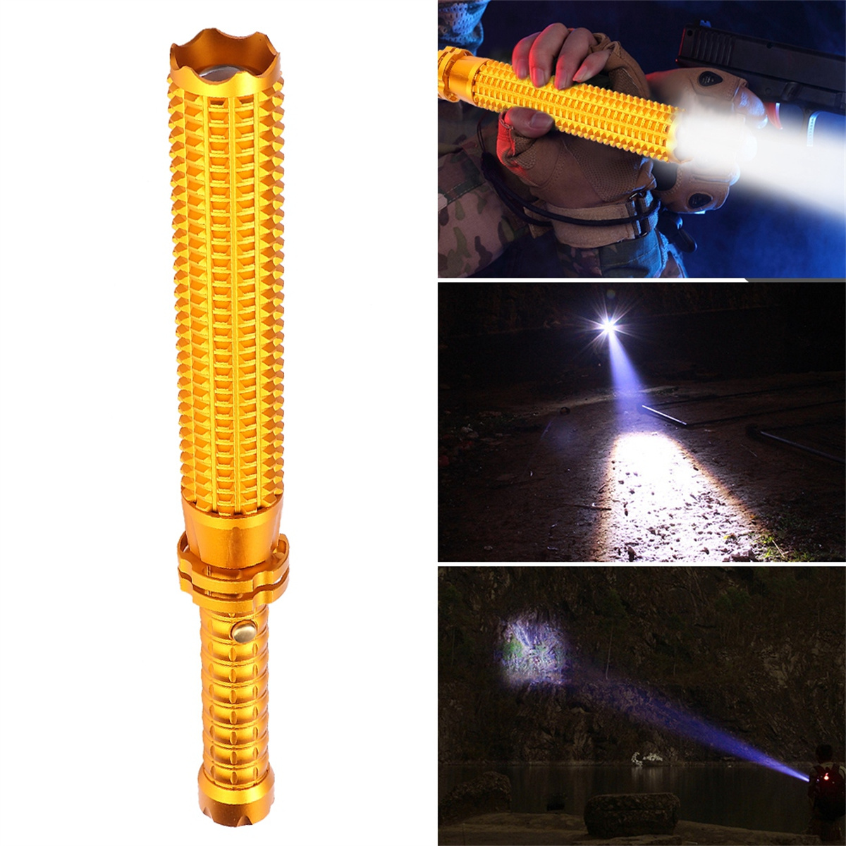 Goldene Taschenlampe mit drei zusätzlichen Bildern, die ihren Strahl im Einsatz zeigen: einzeln, fokussiert und breit.
