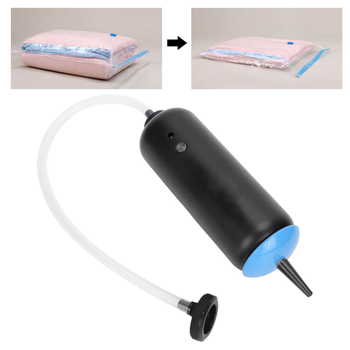 Eine schwarze Vakuumpumpe mit blauem Aufsatz, die eine rosa-blaue Decke komprimiert.