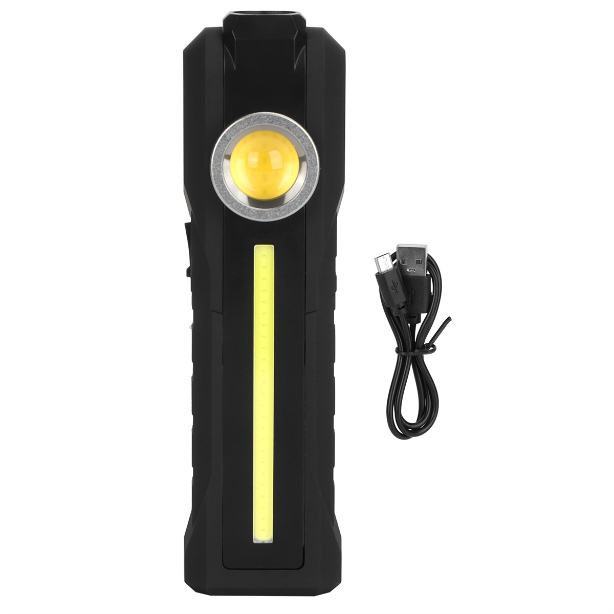 Schwarze Taschenlampe mit gelbem Licht und USB-Kabel. Die Taschenlampe hat einen Knopf.