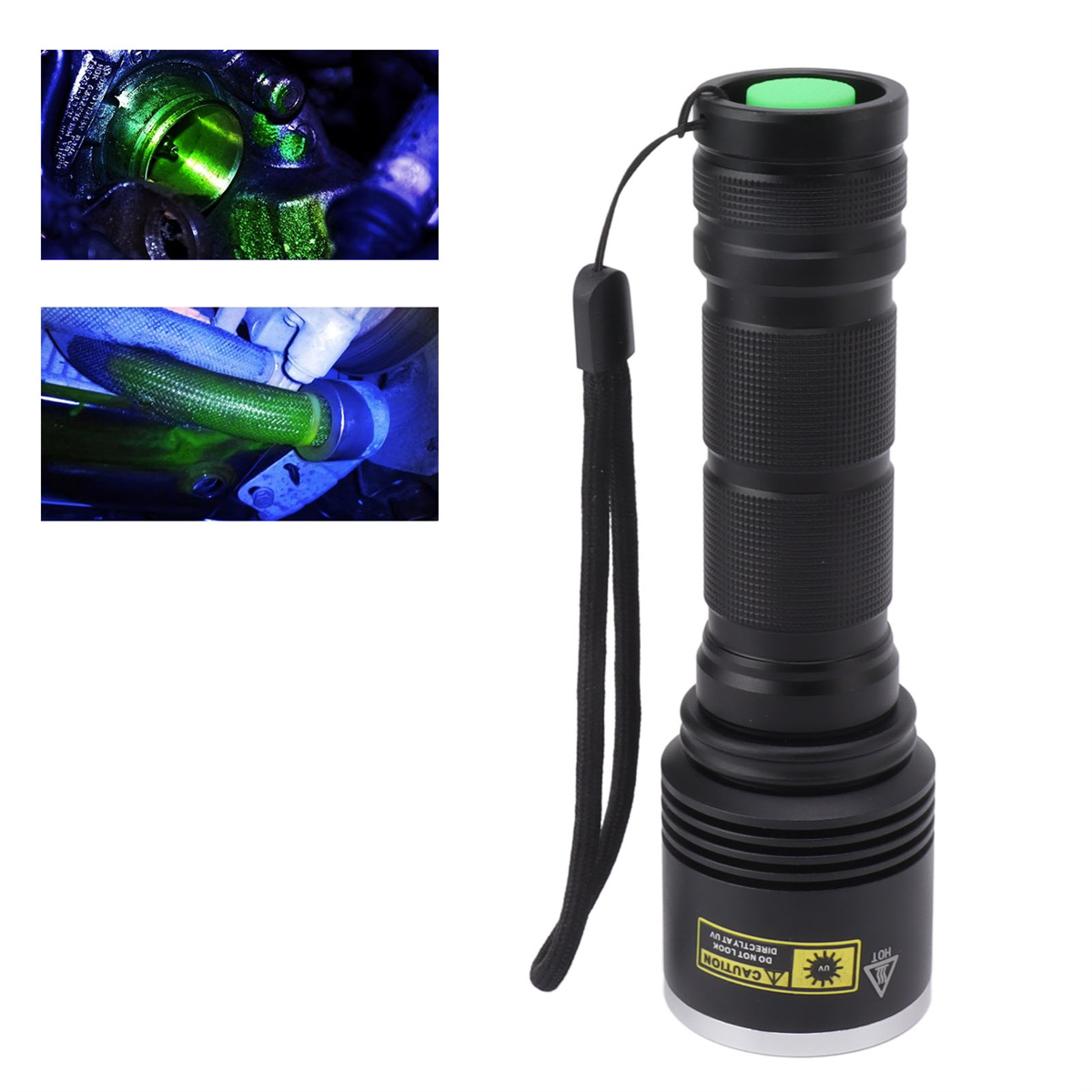 Eine schwarze Taschenlampe mit Details eines Automotors, die unter UV-Licht hervorgehoben werden.