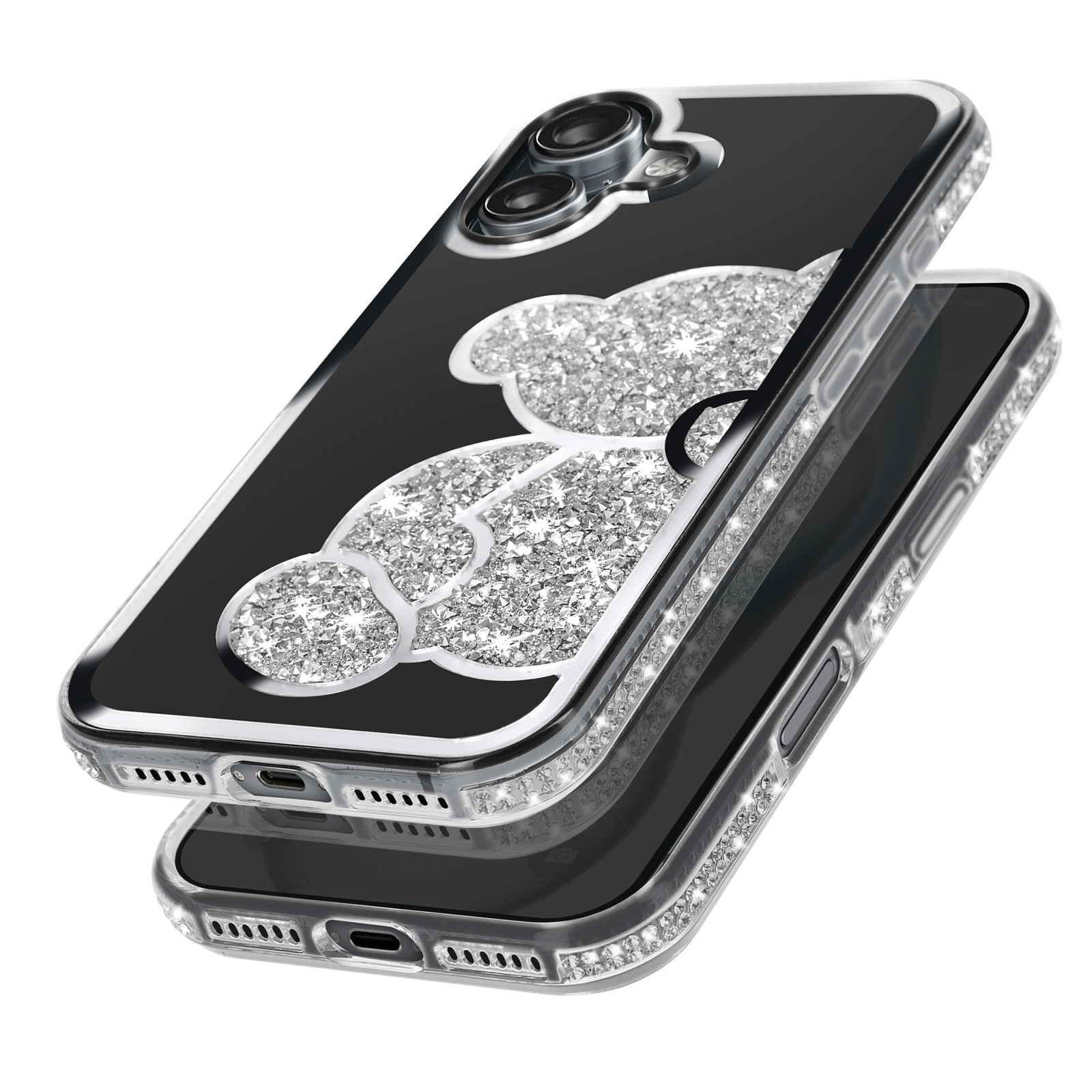 Custodia per telefono nera con un design a orso glitterato argentato. Ha uno strato esterno protettivo trasparente.