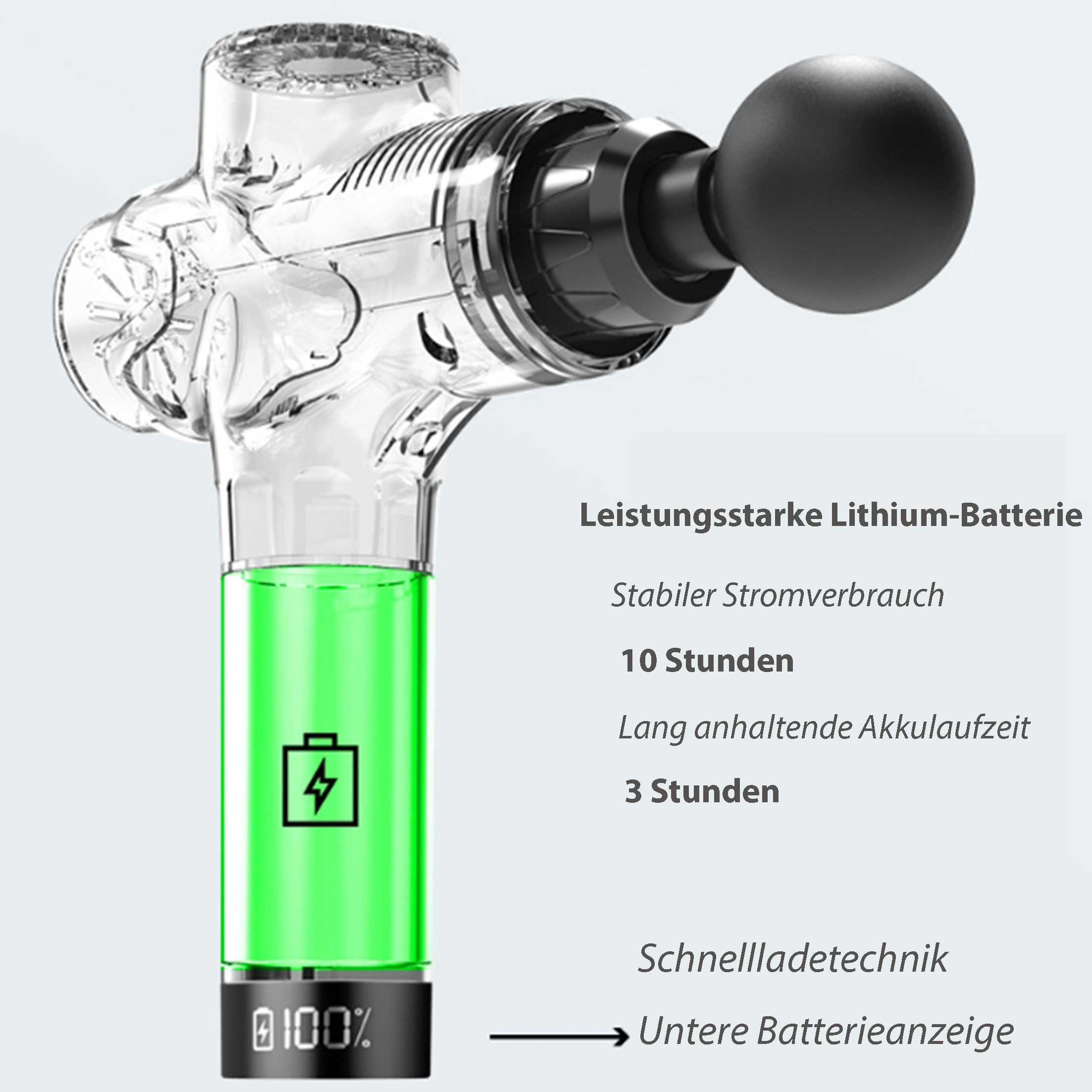 Eine transparente Massagepistole mit grüner Batteriestandsanzeige. Text kennzeichnet Akkulaufzeit und Laden.