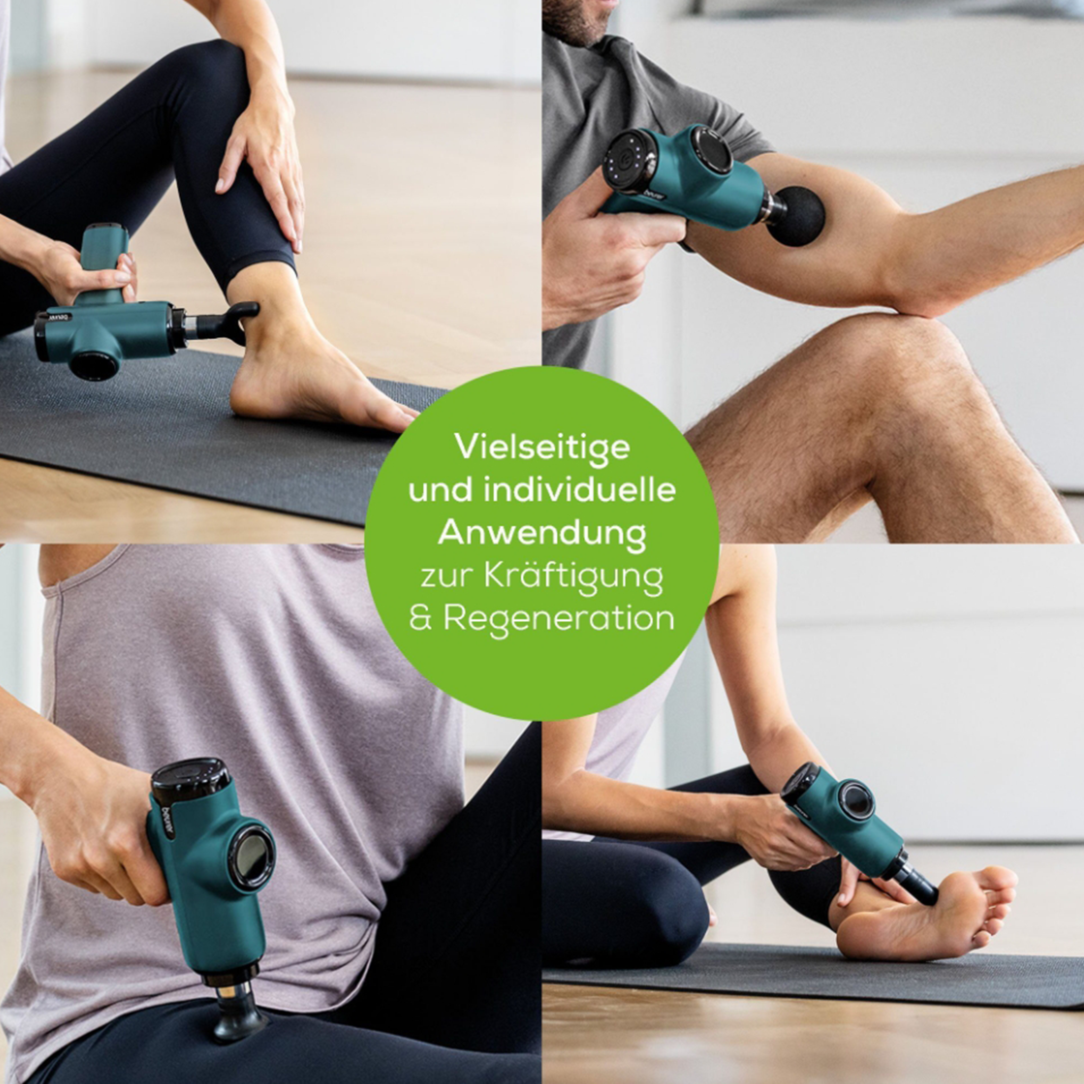 Collage von Personen, die Massagepistolen an Körperteilen verwenden, grüner Kreistext.