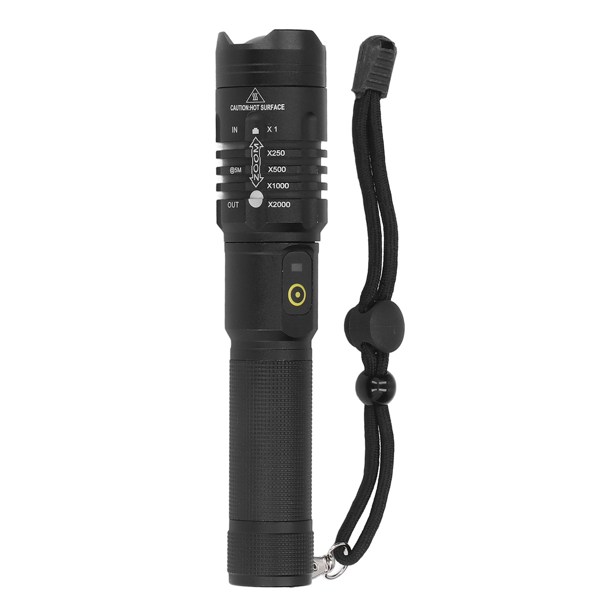 Schwarze Taschenlampe mit einstellbaren Einstellungen und einem schwarzen Schlüsselband. Nahaufnahme auf weißem Hintergrund.