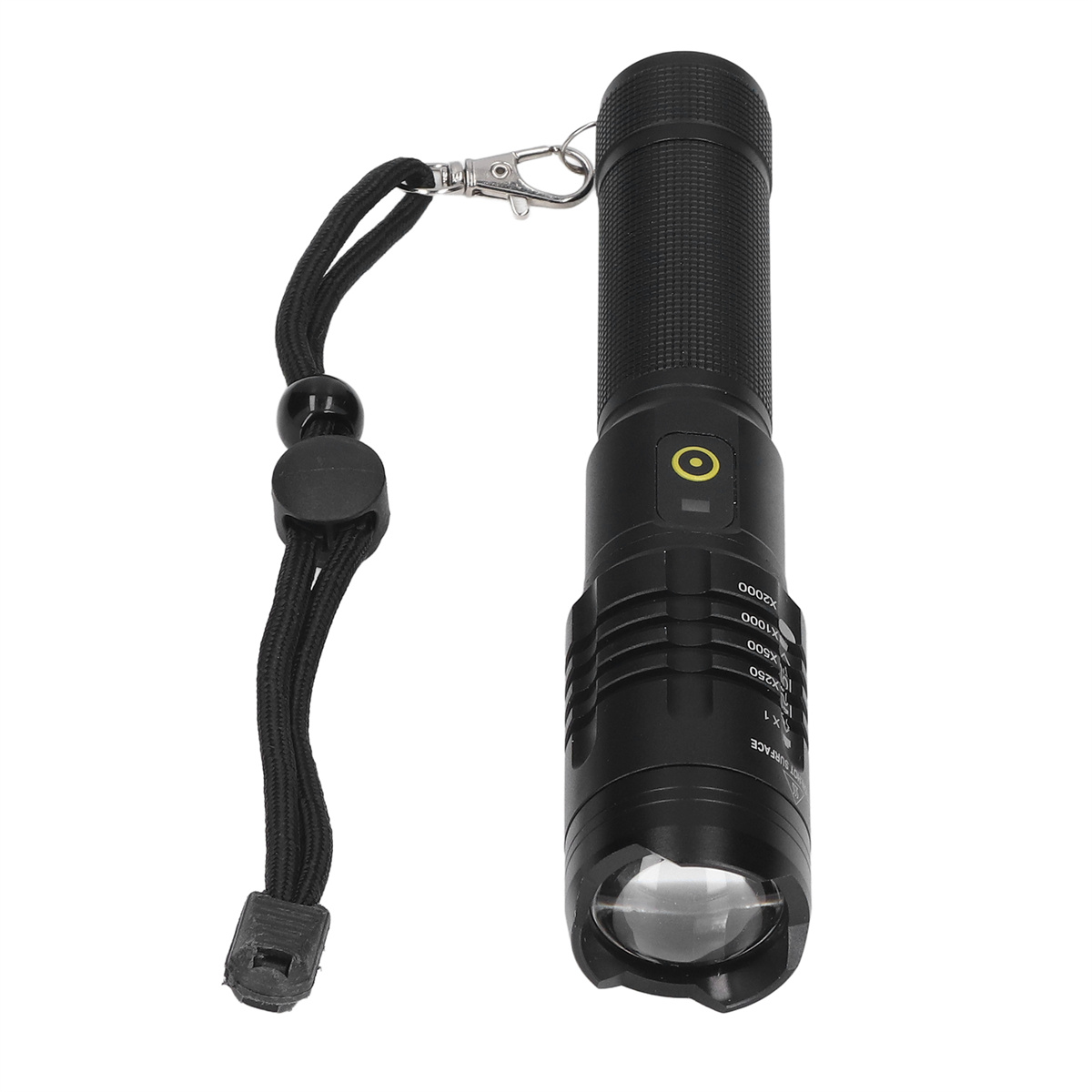 Schwarze Taschenlampe mit Handschlaufe. Hat Leistungseinstellungen. Schwarzes Schlüsselband mit Haken.