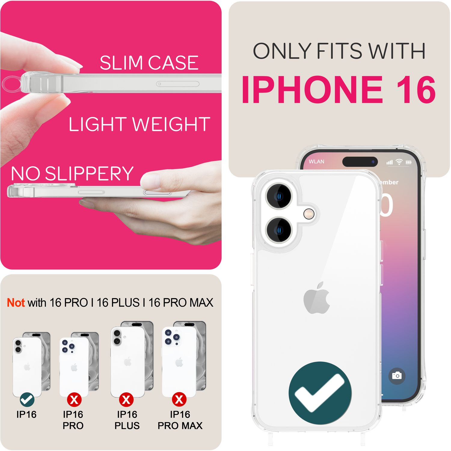 Custodia e telefono, con testo. La custodia è solo per iPhone 16. Sfondo bianco.