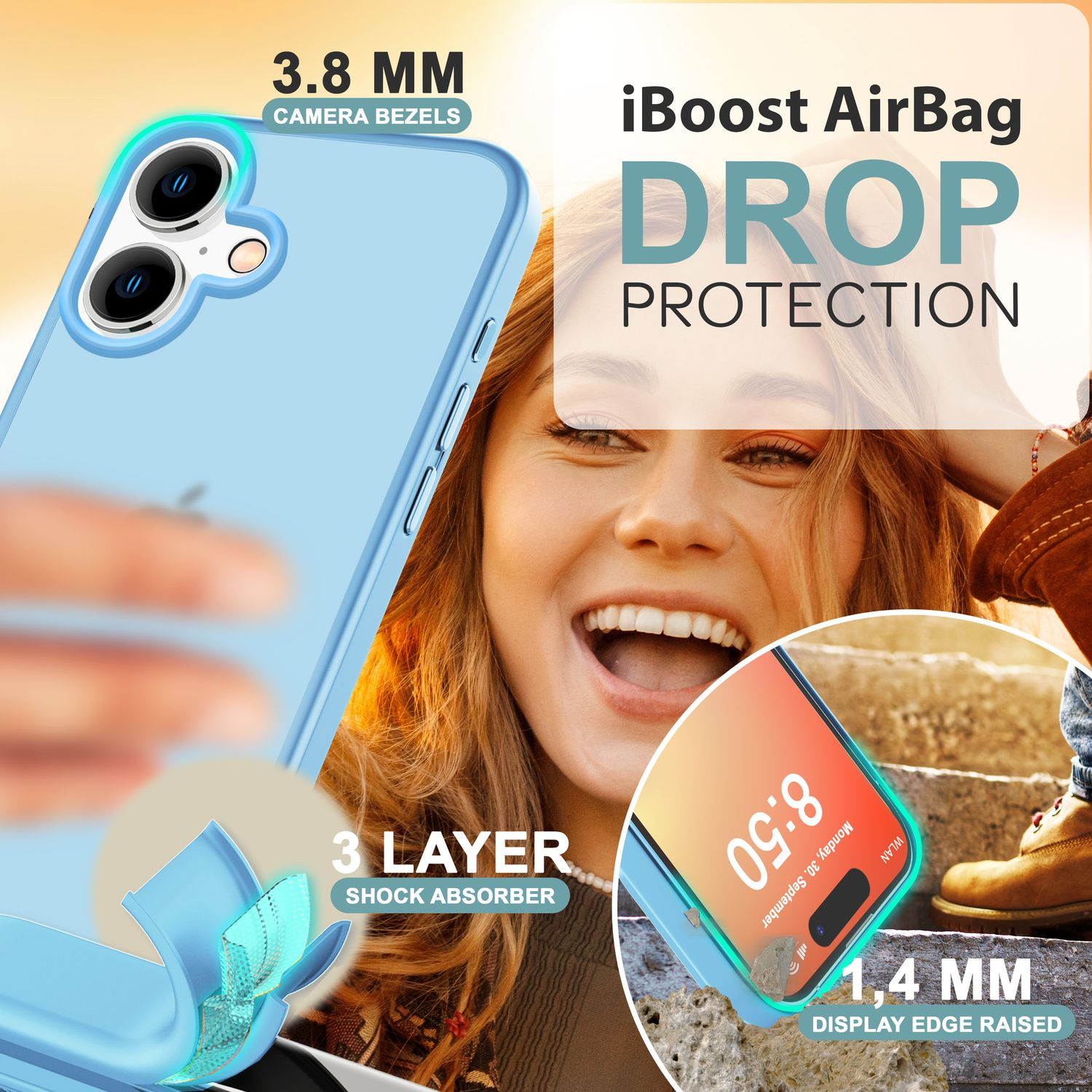 Hellblaue Handyhülle auf einem Handy, Frau im Hintergrund. Text: iBoost Airbag Drop Protection.