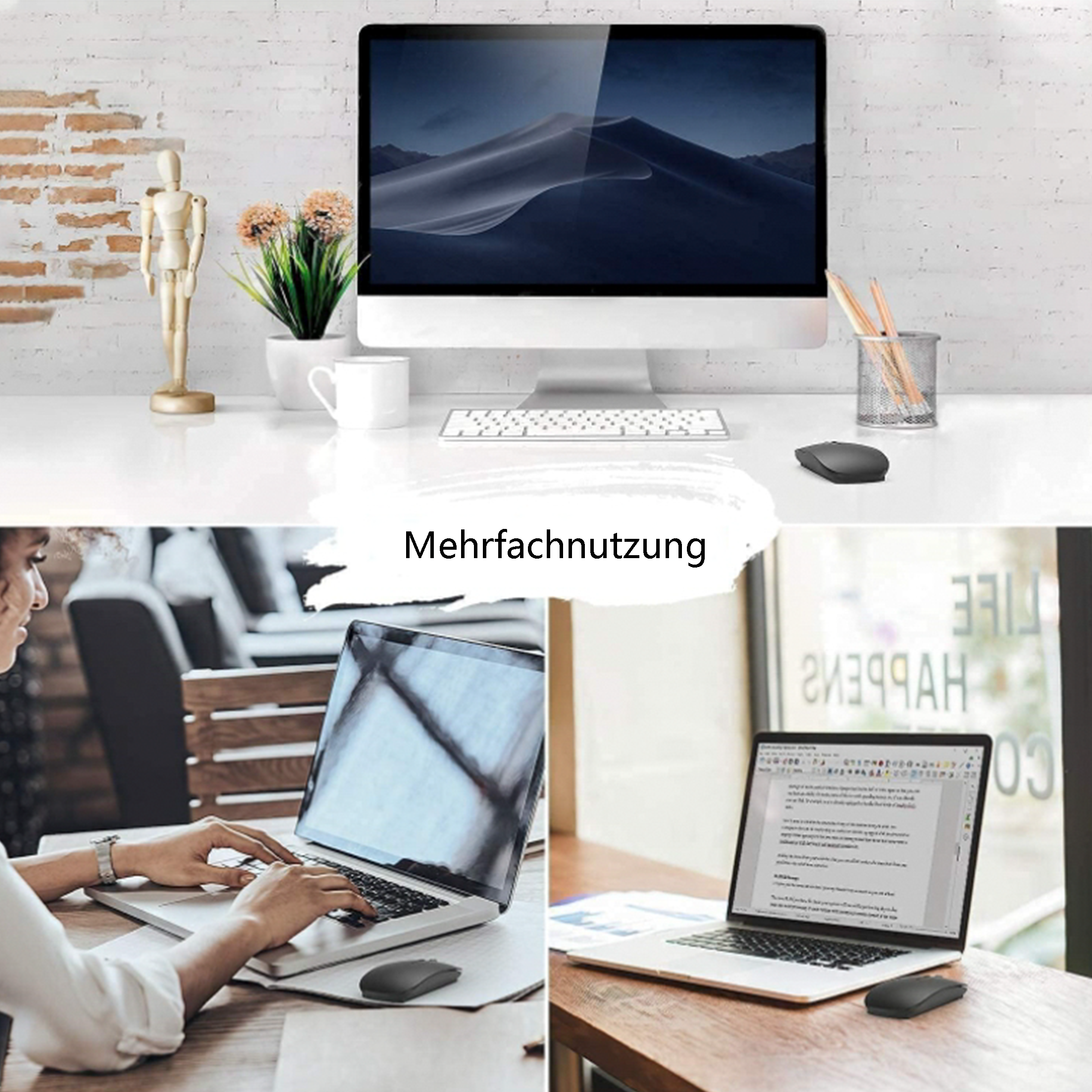 Mehrere Bildschirme zeigen einen Arbeitsbereich, mit einem Computer-Setup und einer Person, die einen Laptop benutzt.