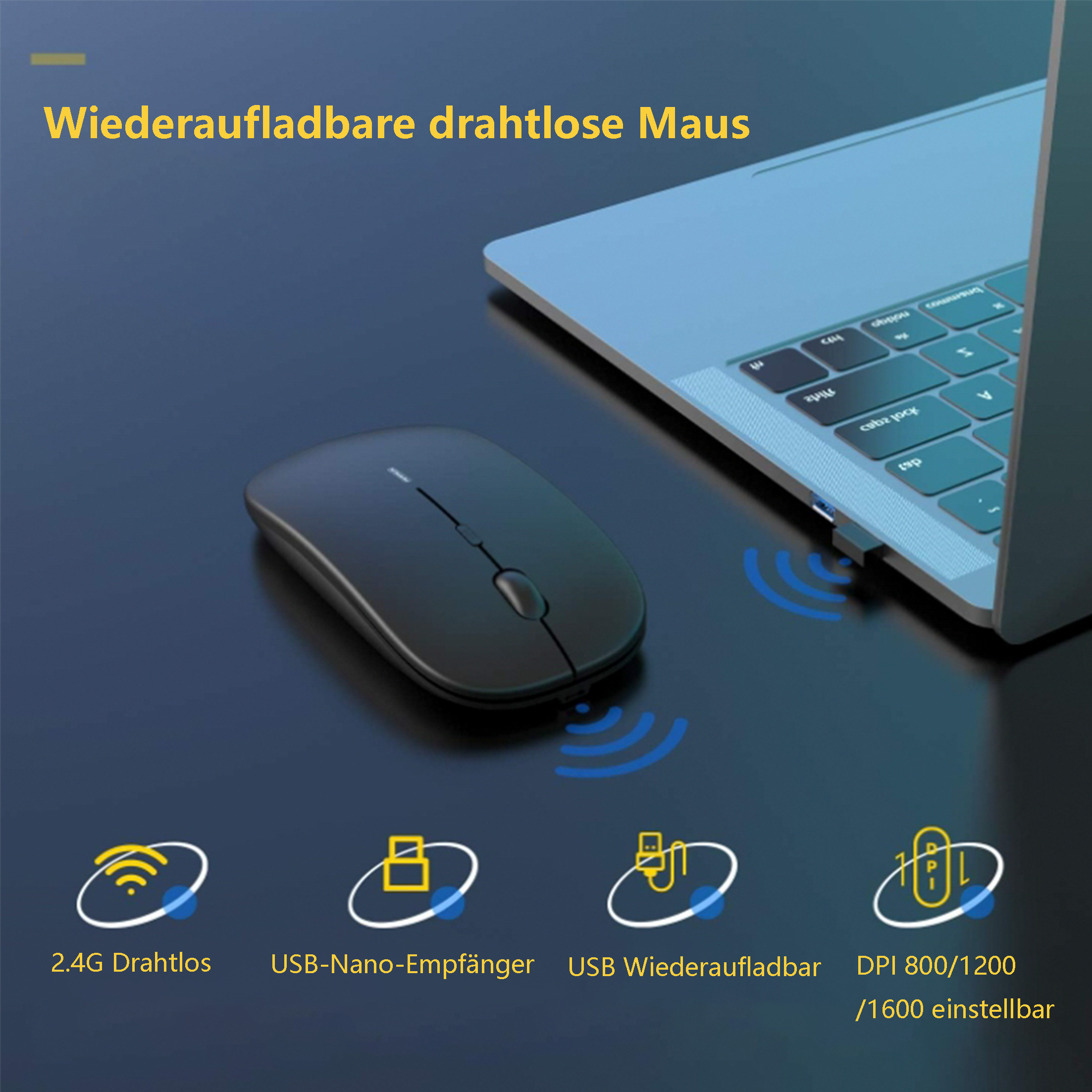 Eine schwarze kabellose Maus mit einem USB-Empfänger, der an einen Laptop angeschlossen ist.
