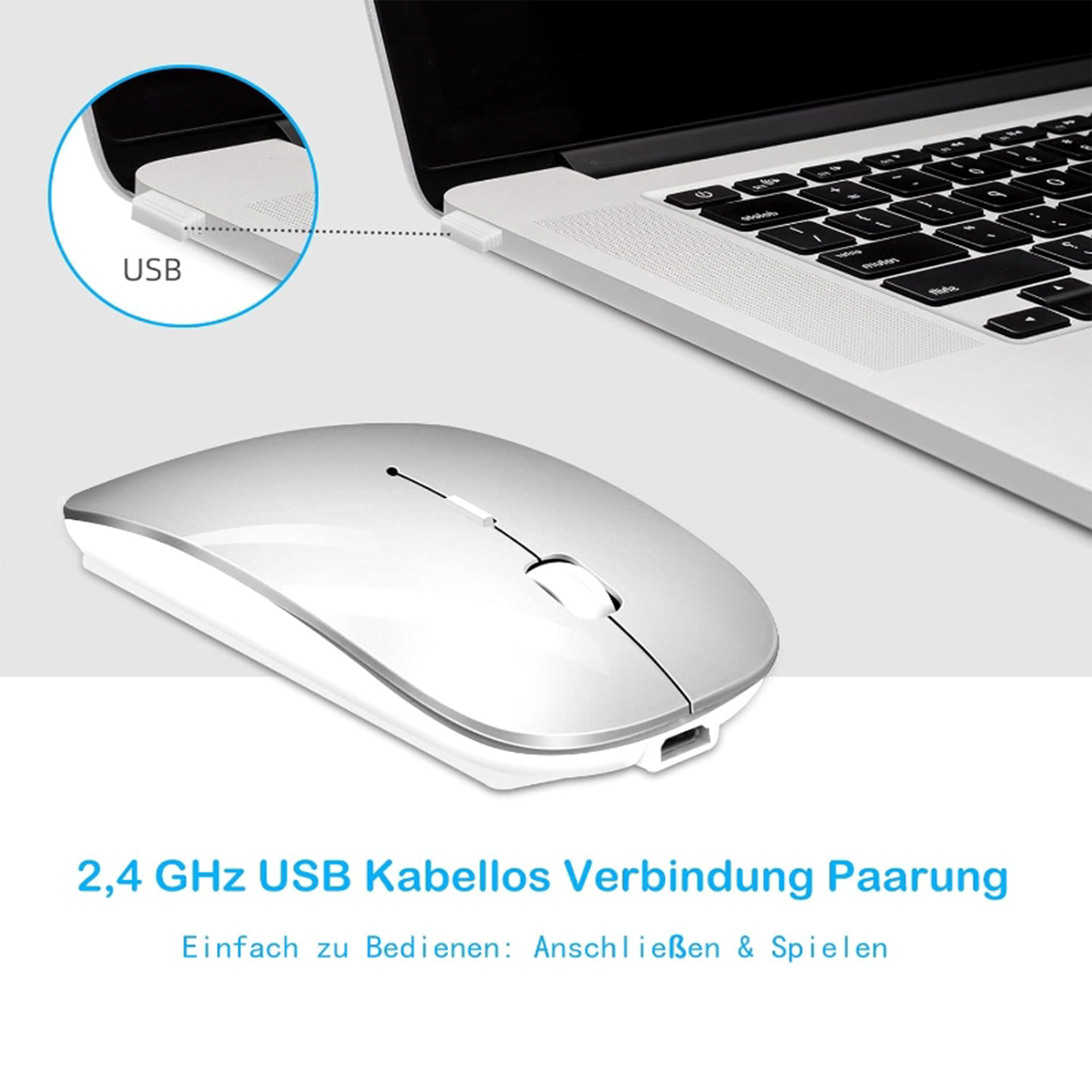 Silberfarbene kabellose Maus mit USB-Anschluss und Laptop mit USB-Anschluss.