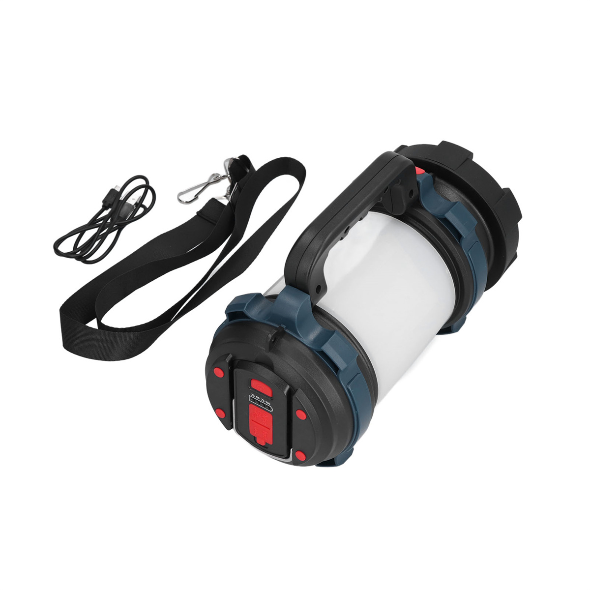 Große schwarze Taschenlampe mit Griff, Riemen und Ladekabel auf weißem Hintergrund.