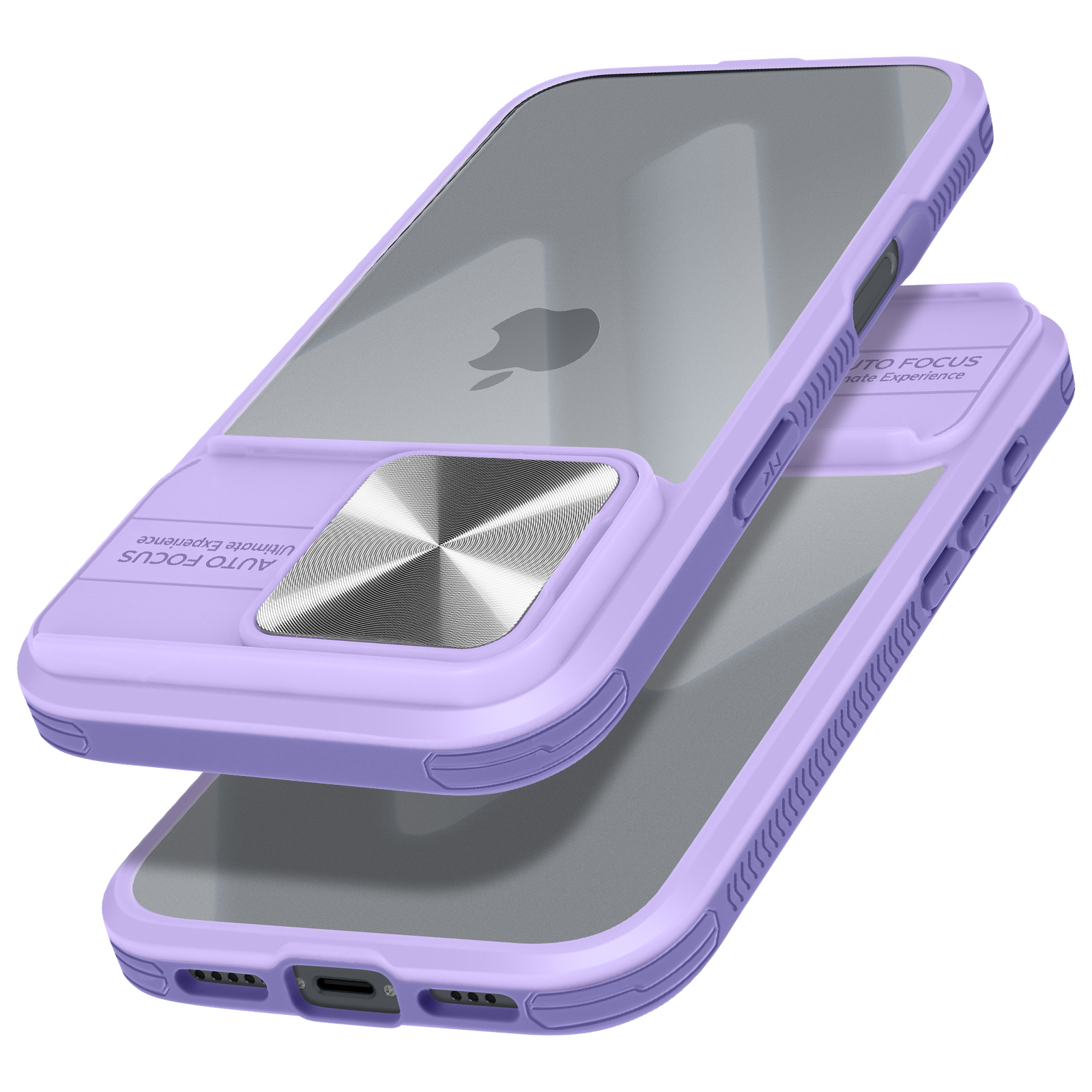 Custodia per telefono viola con retro trasparente, con un anello per fotocamera e una cover trasparente.
