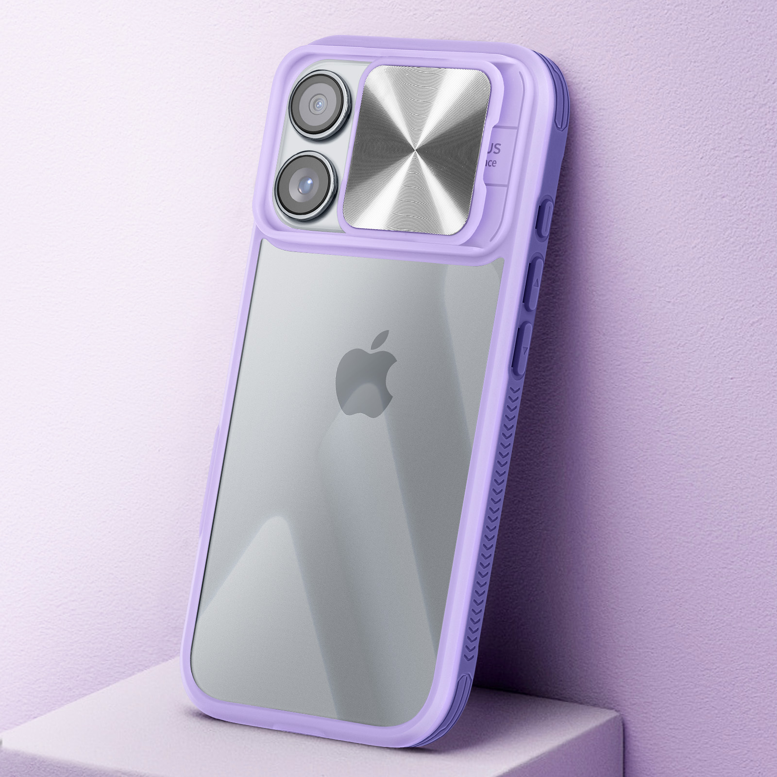 Custodia per telefono viola con protezione fotocamera e logo Apple, su sfondo viola.