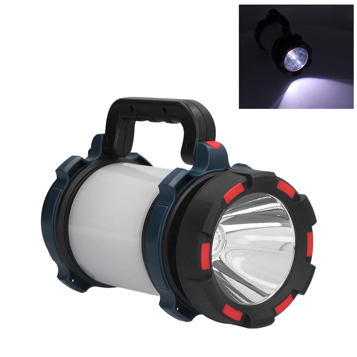 Eine große Taschenlampe mit Griff und hellem Licht. Eine kleinere Version ist in der Ecke abgebildet.