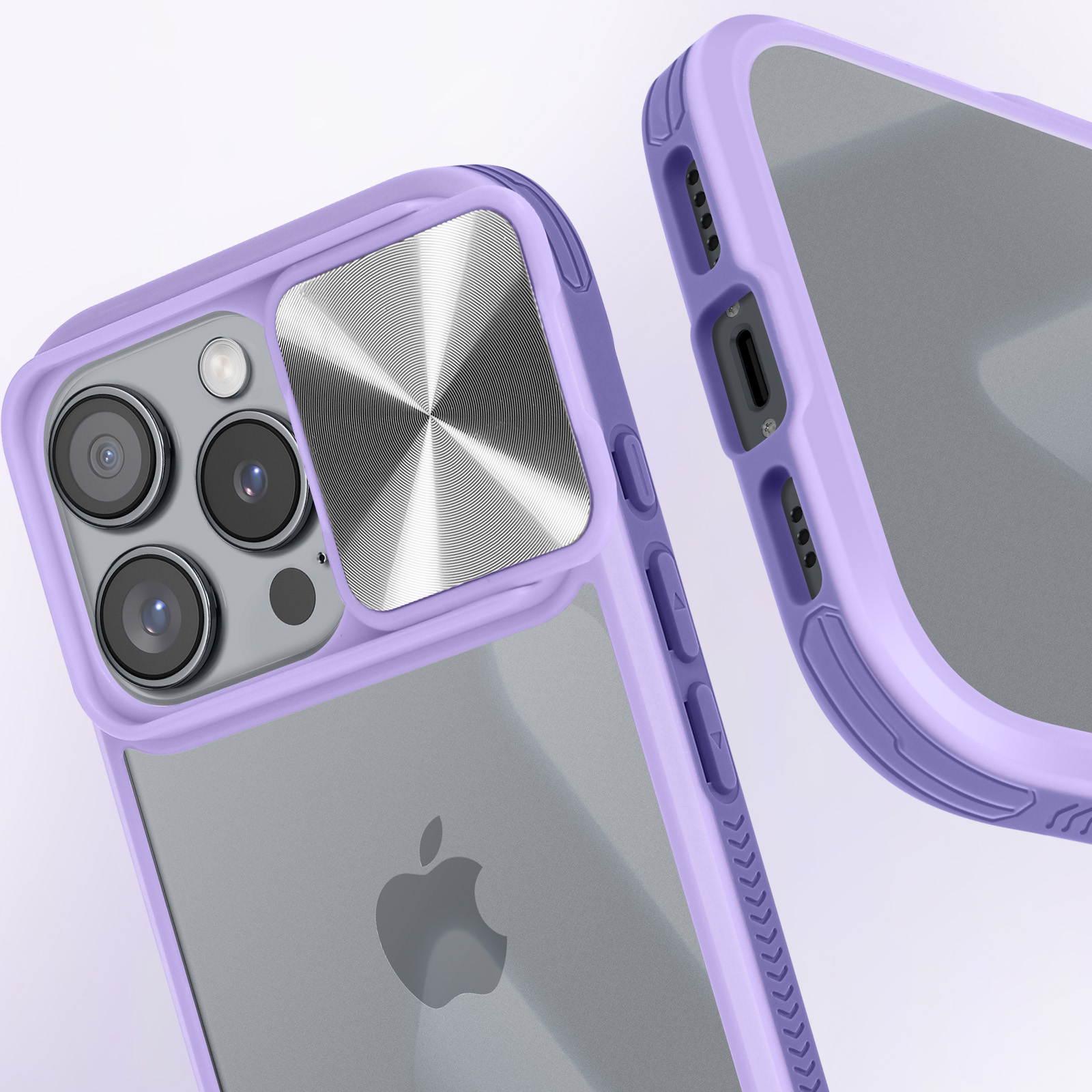 Primo piano di due custodie per telefono viola con retro trasparente, che mostrano fotocamera e bordi.