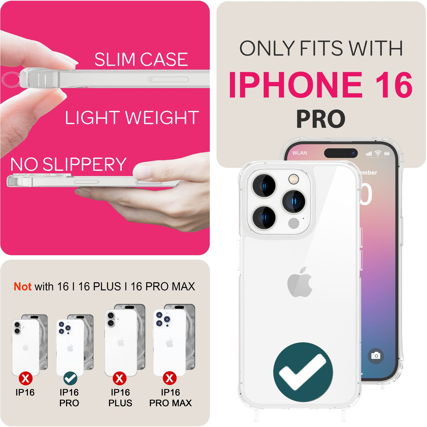 Eine Handyhülle mit einem iPhone 16 Pro. Die Hülle ist transparent. Rutschfest, schlank und leicht.