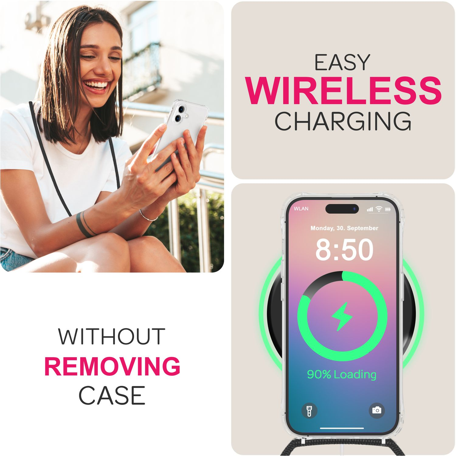 Una donna usa un telefono con un setup di ricarica wireless. Il telefono si sta caricando.