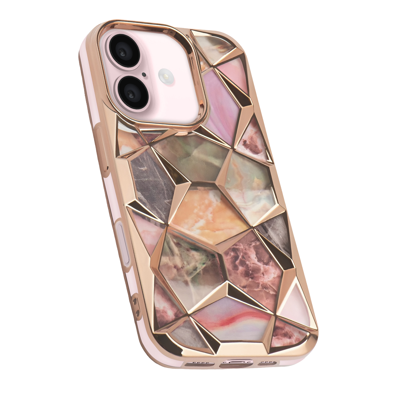 Handyhülle mit geometrischem Muster. Gold, rosa, mit Telefon darin.