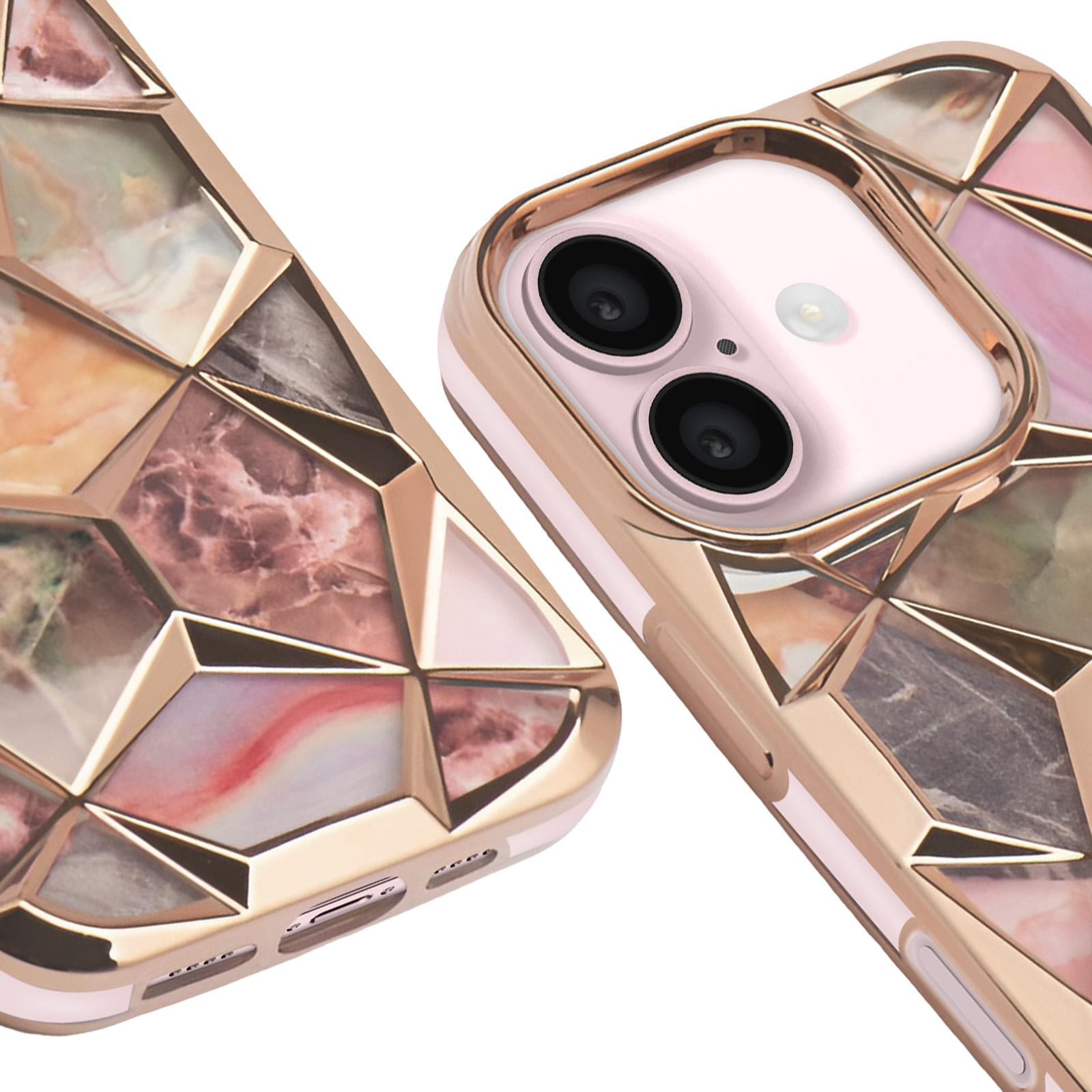 Nahaufnahme einer Handyhülle mit geometrischem Muster in Roségold und marmorähnlichen Texturen.
