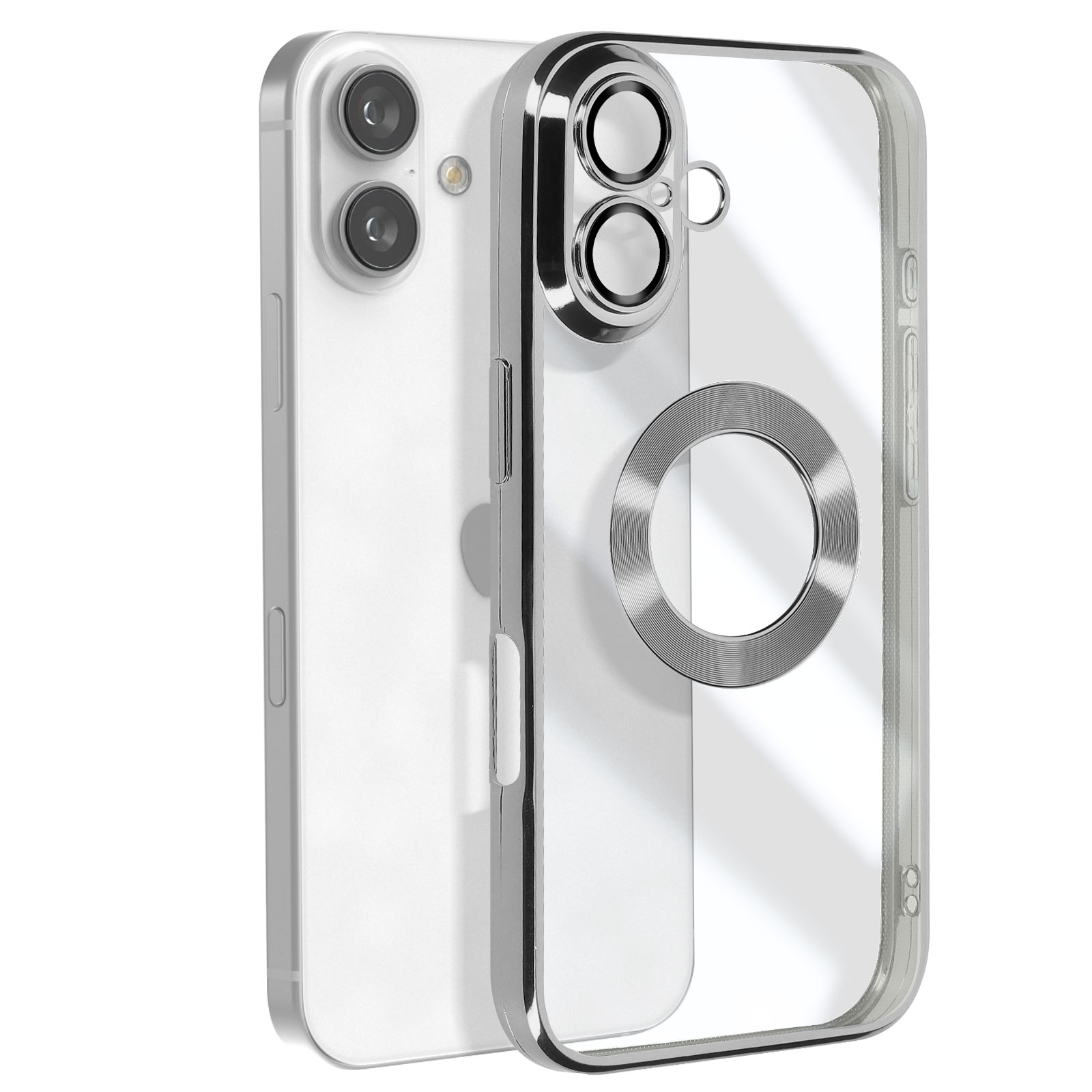 Due telefoni, uno con una custodia trasparente con anello d'argento e protezione fotocamera.