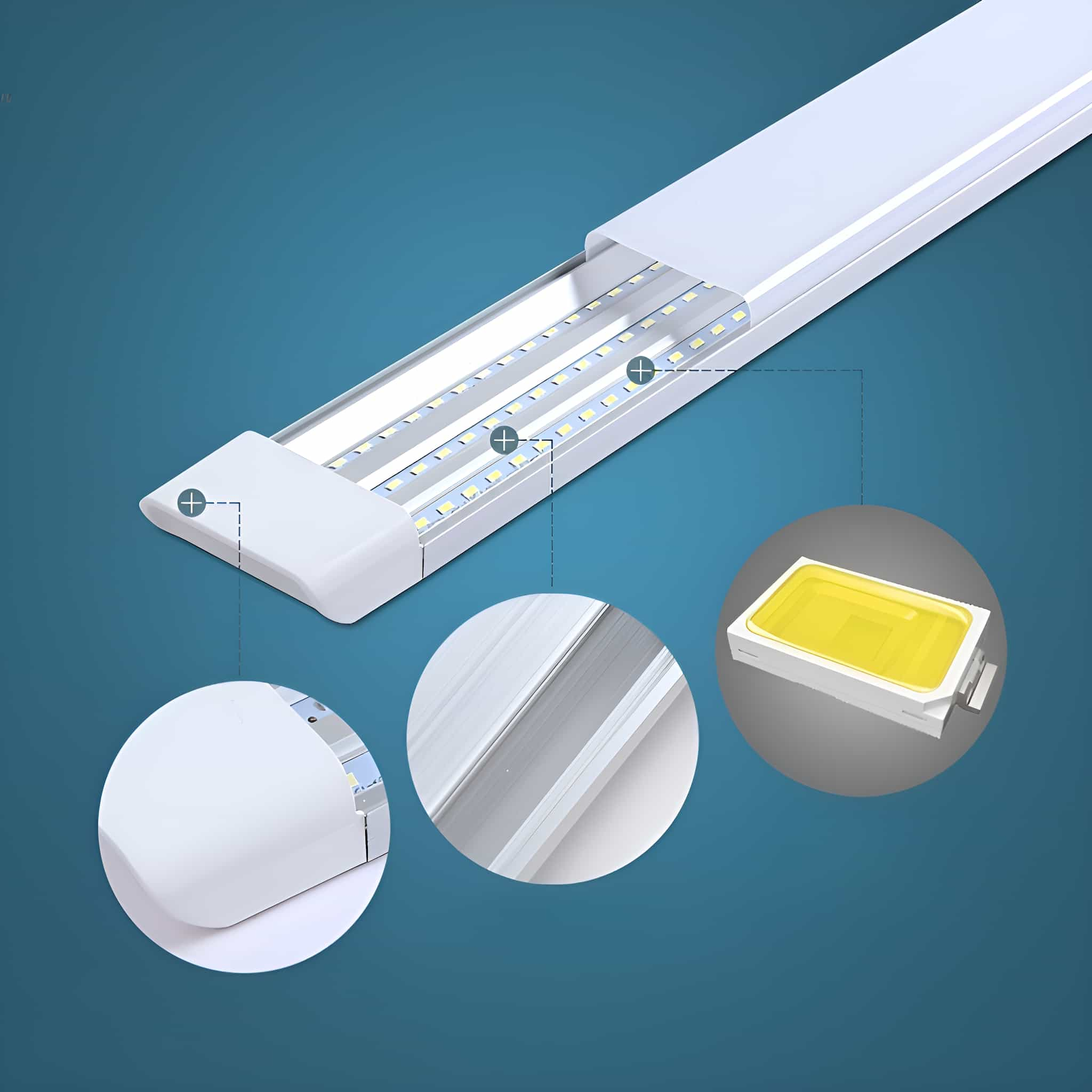 LED-Röhrenleuchte mit Ausschnitten, die interne Komponenten und eine Nahaufnahme einer LED zeigen.