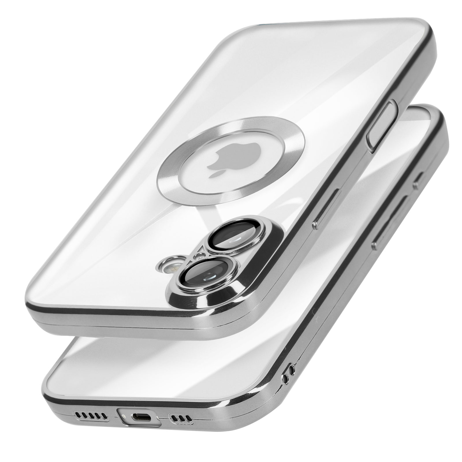 Due custodie per telefono impilate. Quella superiore è trasparente con un logo Apple argentato.