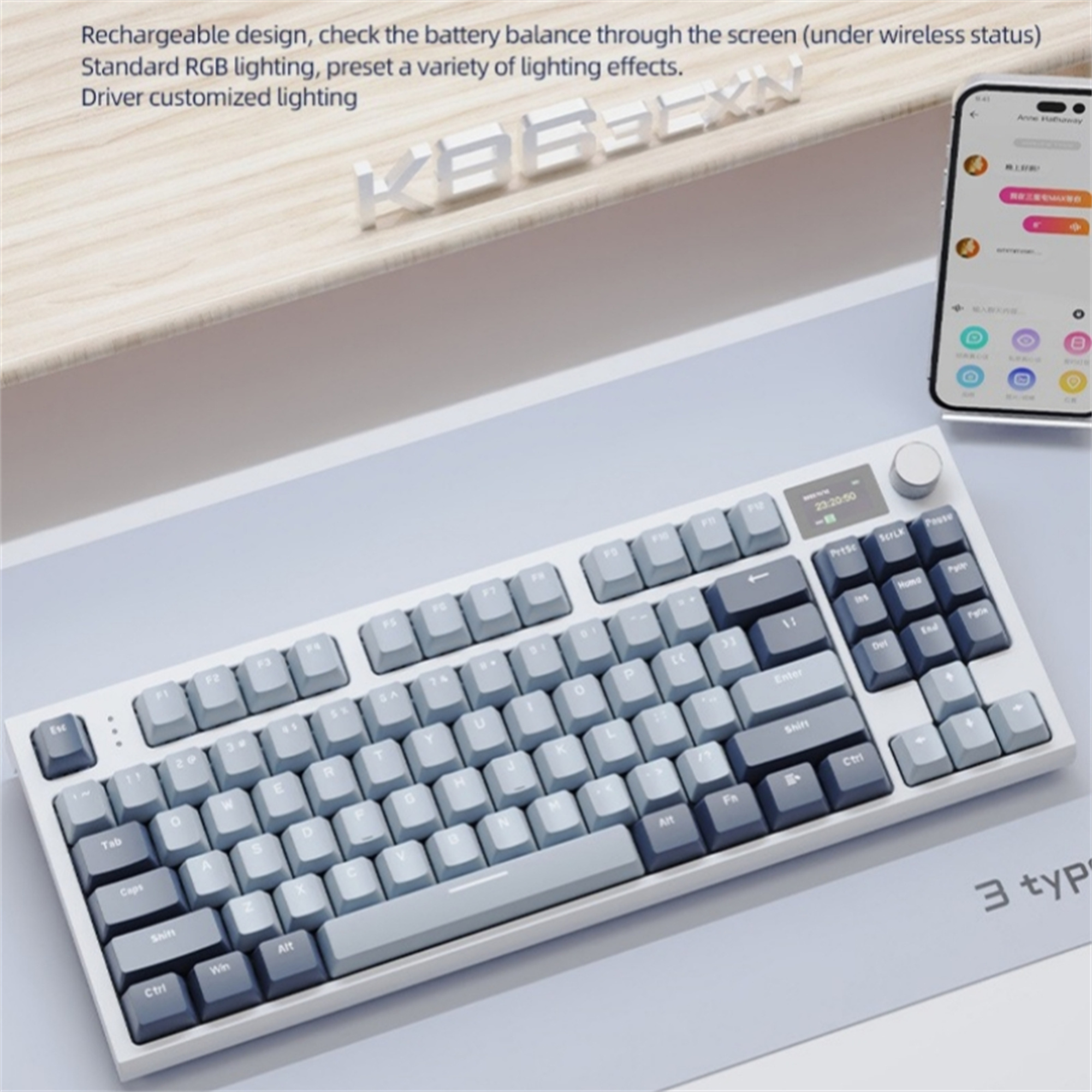 Weiß-graue Tastatur mit Telefon, das eine App-Oberfläche zeigt.