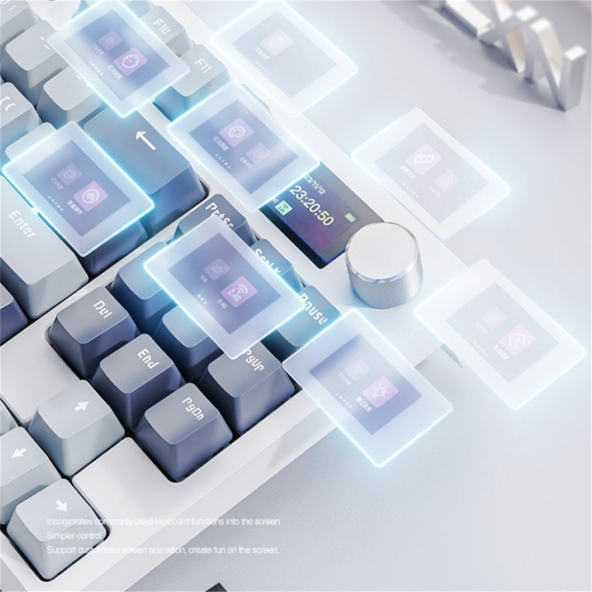 Tastatur mit kleinen Bildschirmen, die verschiedene App-Oberflächen zeigen. Weißer Hintergrund. Die Tastatur ist hellgrau.