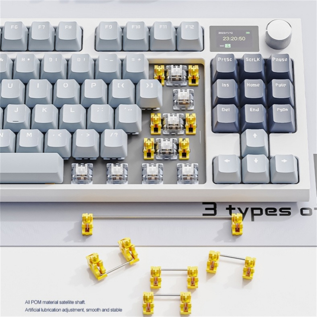 Weiße mechanische Tastatur mit gelben Schaltern und verschiedenen Tastenkappenoptionen.
