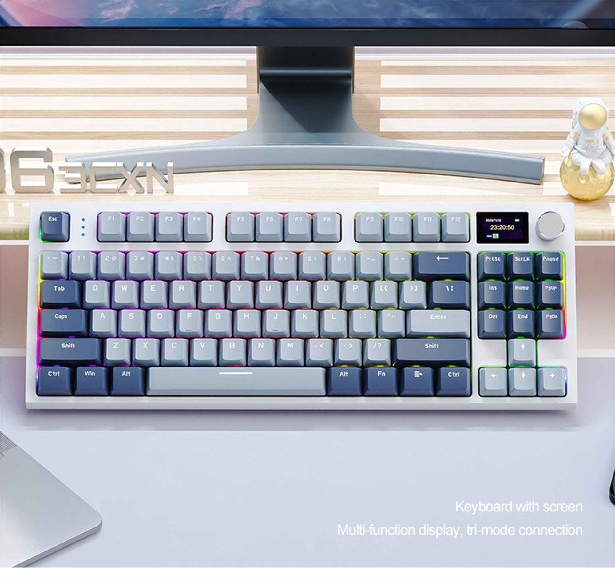 Eine weiß-graue Tastatur mit Bildschirm und einer kleinen weißen Person. Die Tastatur hat Tasten.