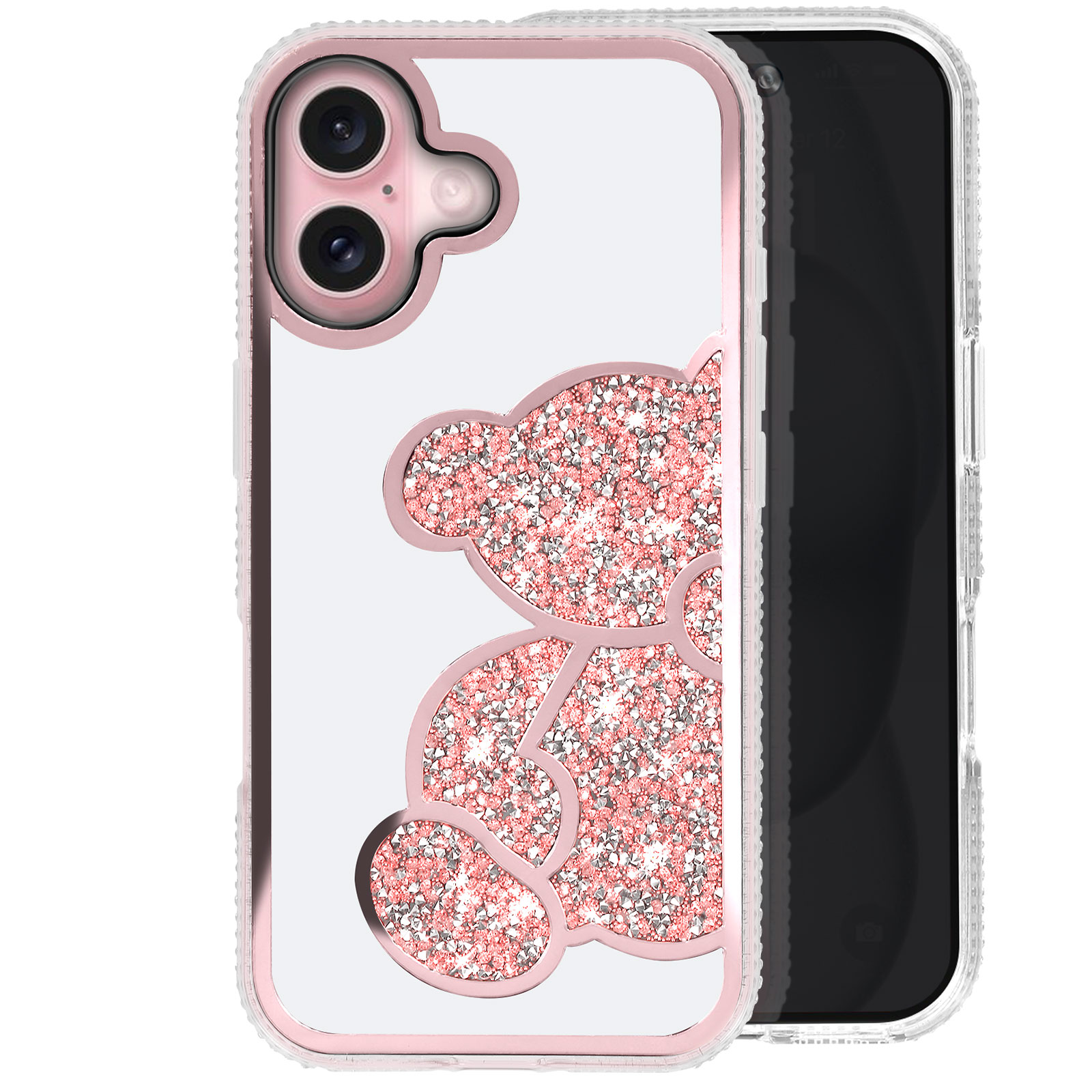 Custodia per telefono con orsetto rosa glitterato. Il telefono è nero. La custodia ha bordi rosa.