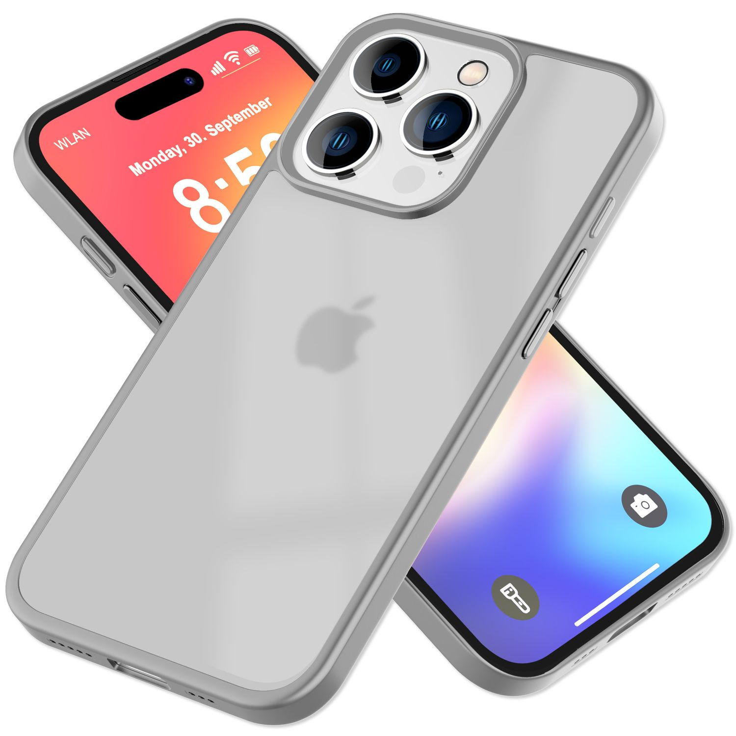 Dos teléfonos, uno con funda y pantalla con fecha, el otro con funda.