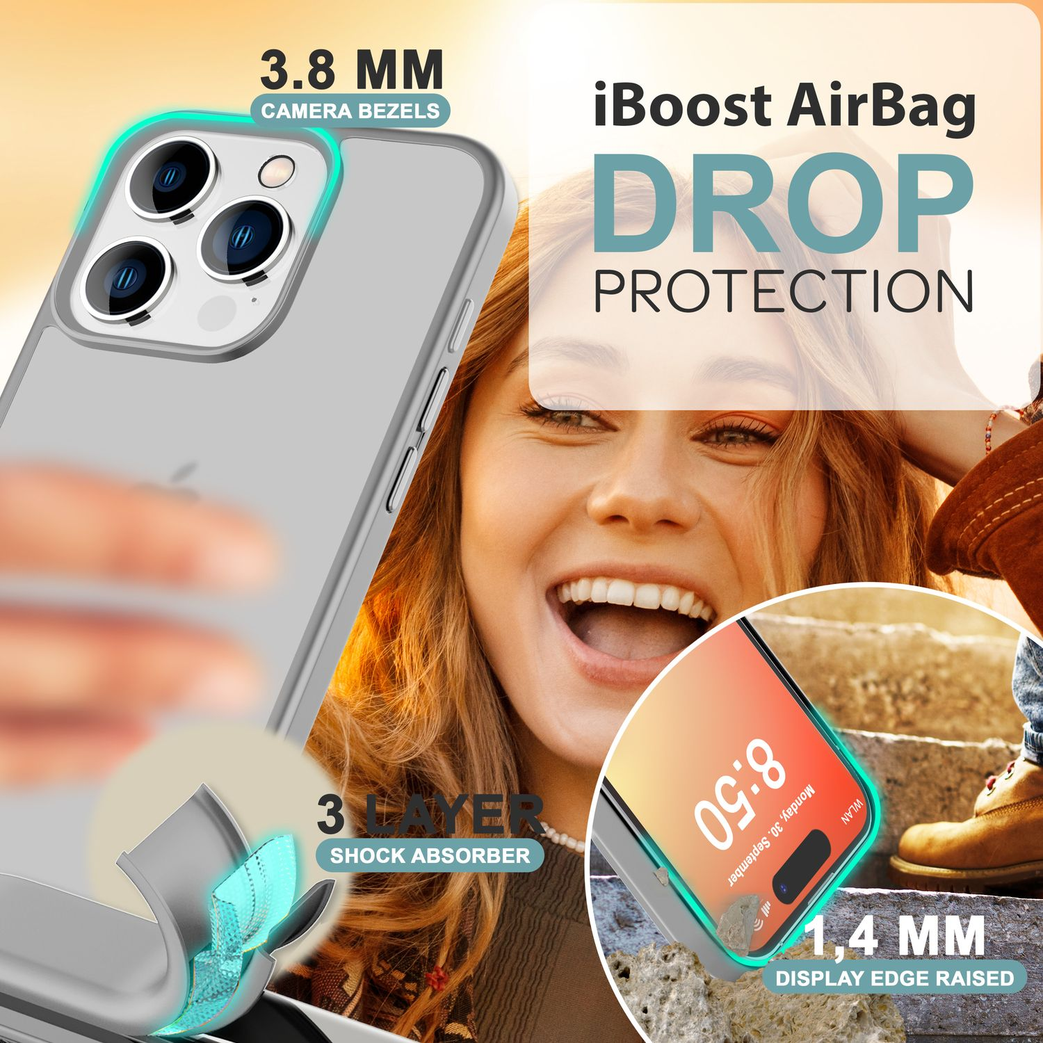 Persona sosteniendo un teléfono con una funda protectora. La funda es transparente con detalles verdes y una pantalla.