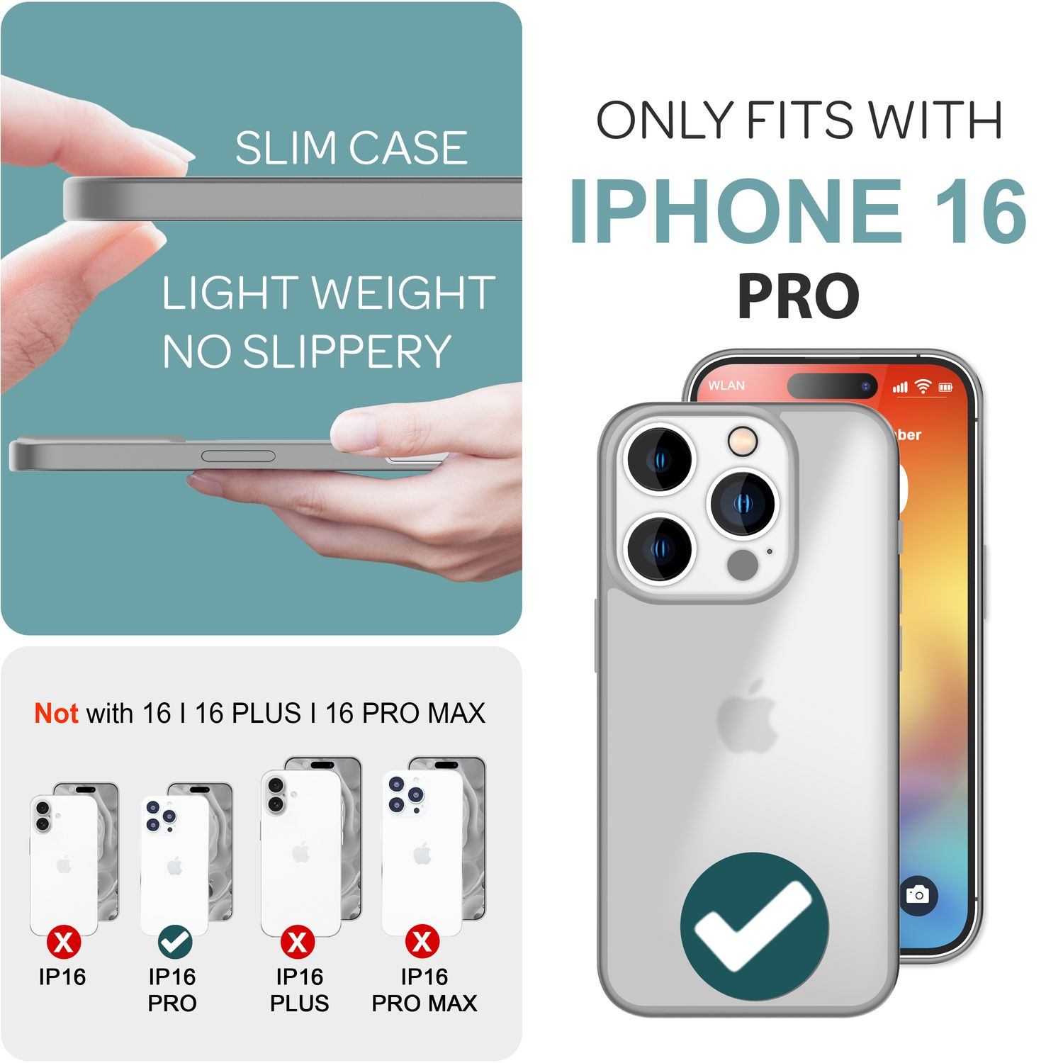 Eine iPhone 16 Pro Hülle, mit Text, der anzeigt, dass sie nur für das iPhone 16 Pro geeignet ist.