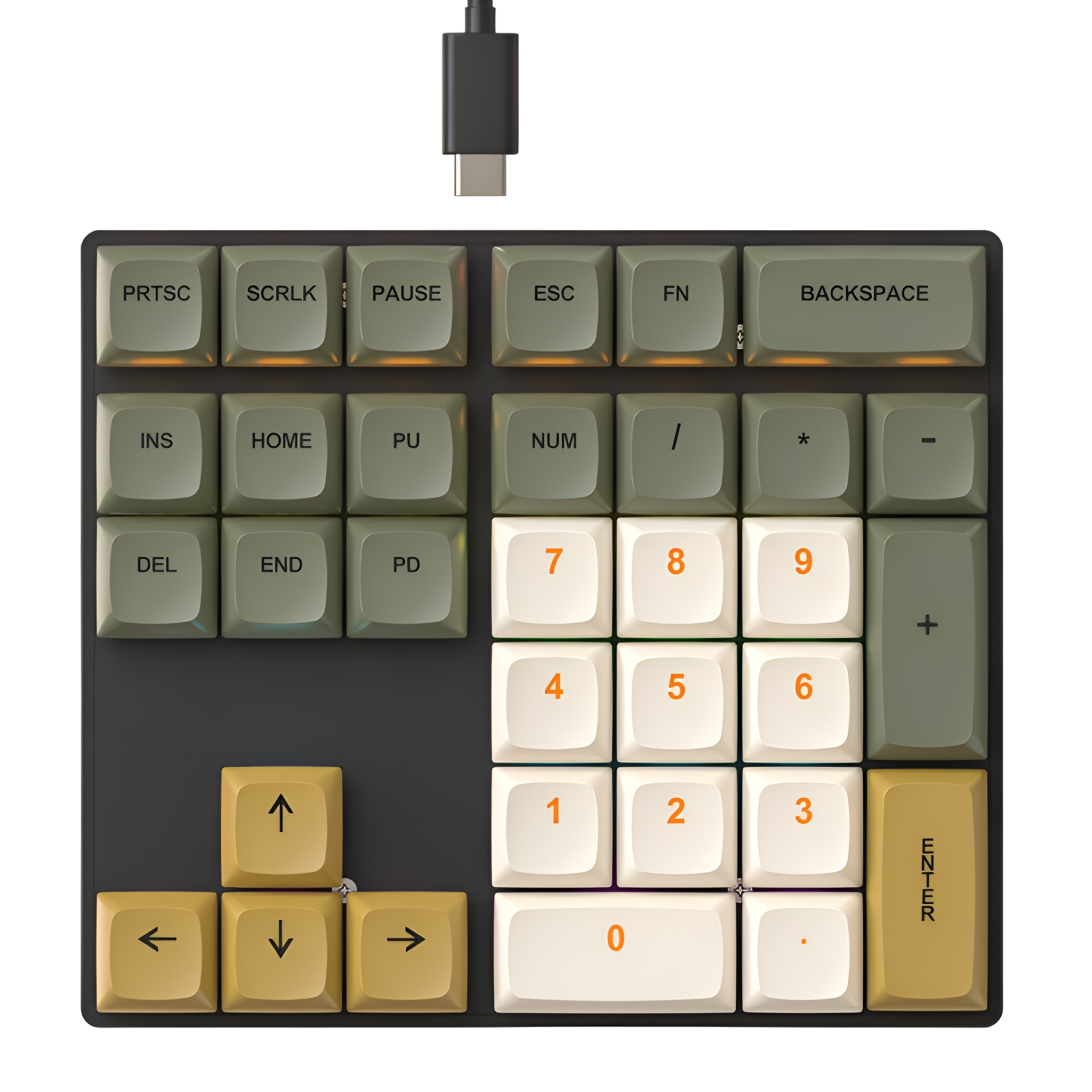 Nummernblock-Tastatur. Schwarz mit einer Vielzahl von Tasten. USB-Kabel angeschlossen.