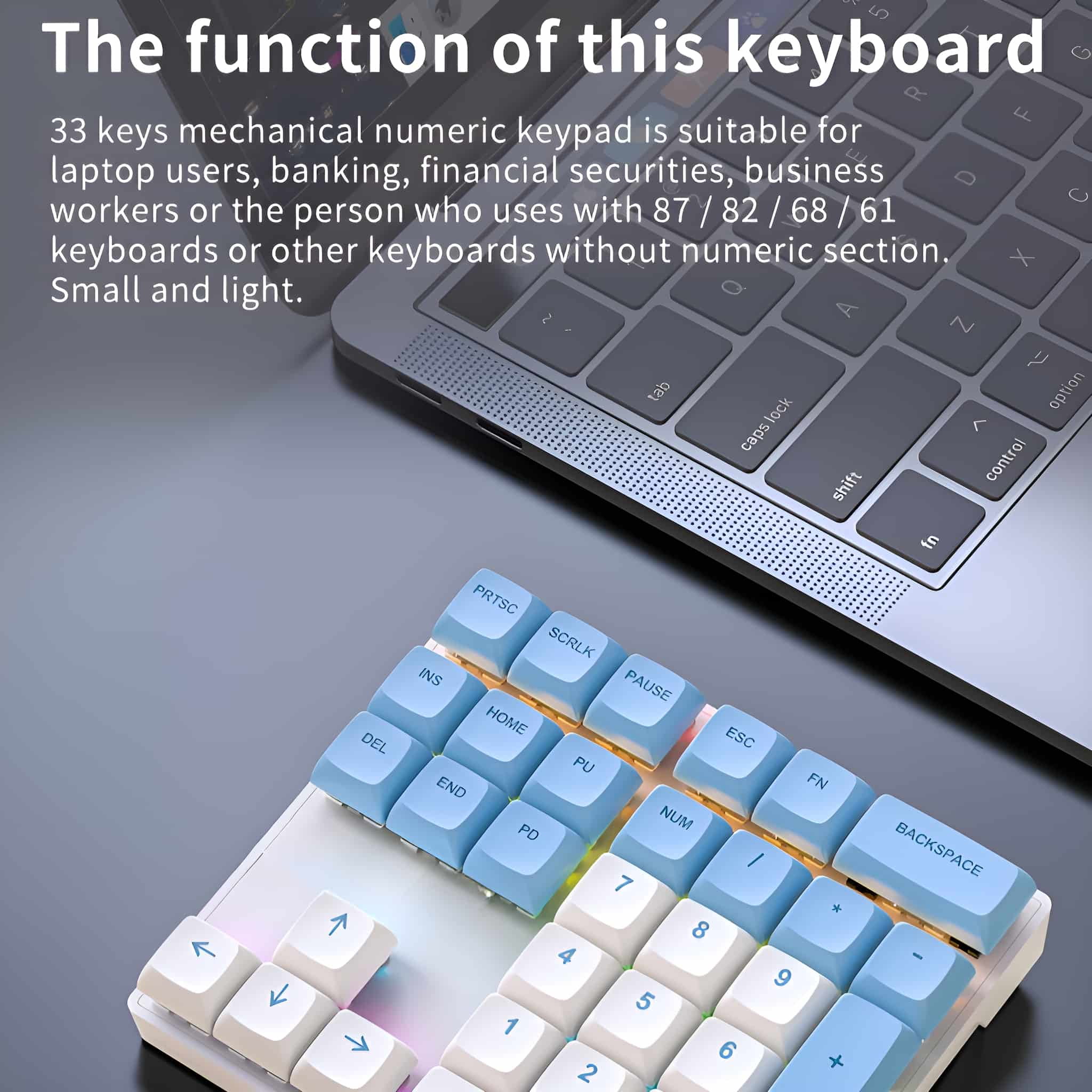 Numerischer Tastenblock und ein Laptop. Der Tastenblock hat blaue und weiße Tasten.