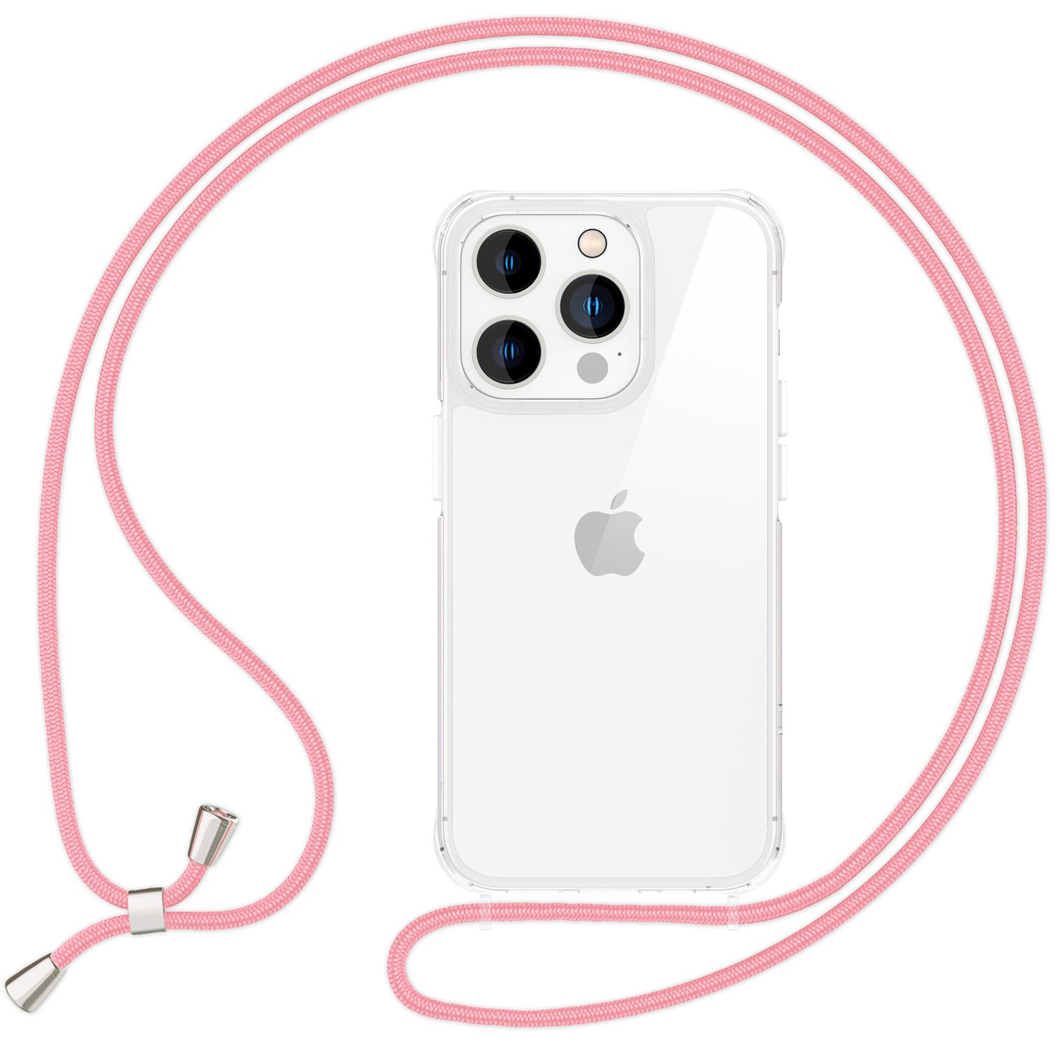 Ein weißes iPhone mit einer durchsichtigen Hülle und einem rosa Band auf weißem Hintergrund.