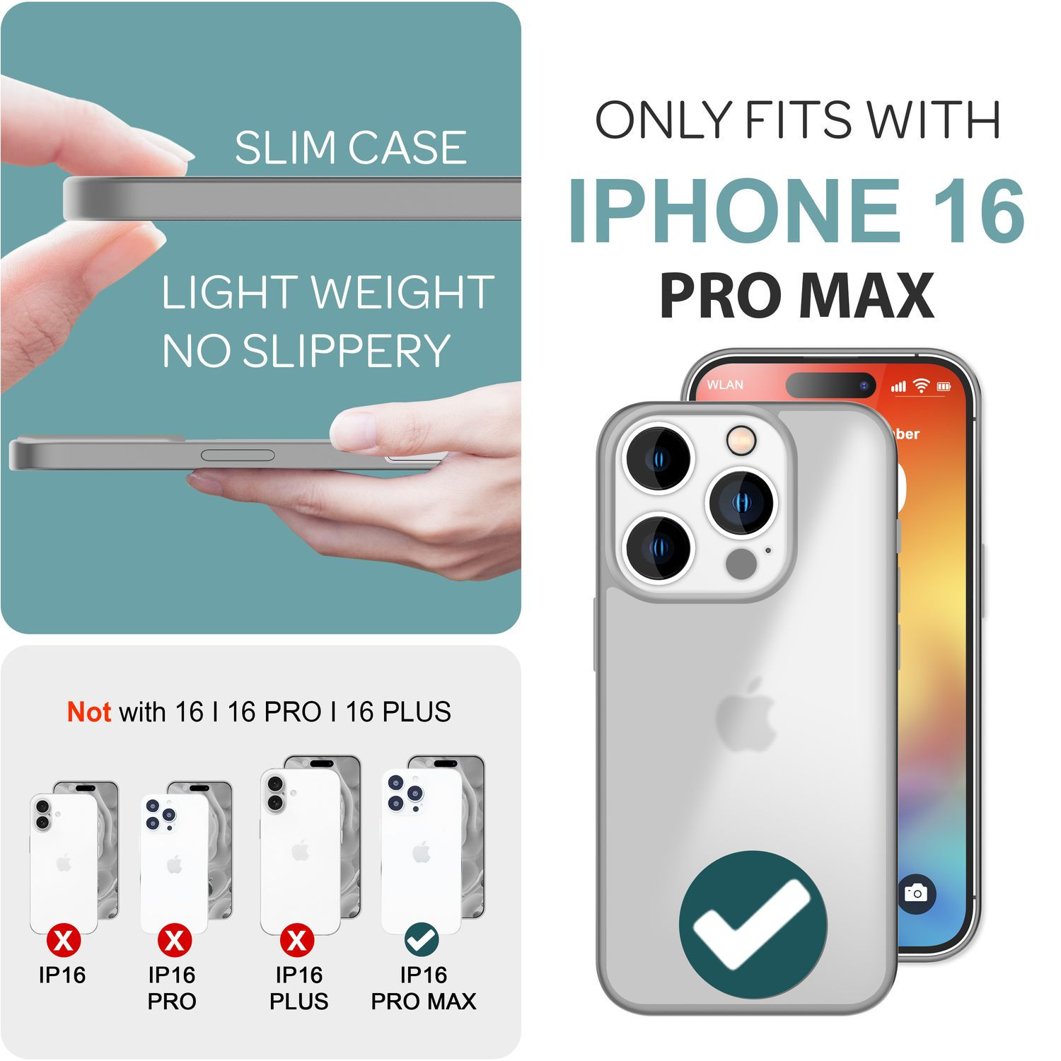 Una funda para iPhone 16 Pro Max con texto que indica compatibilidad. Incluye diseño delgado y ligero.
