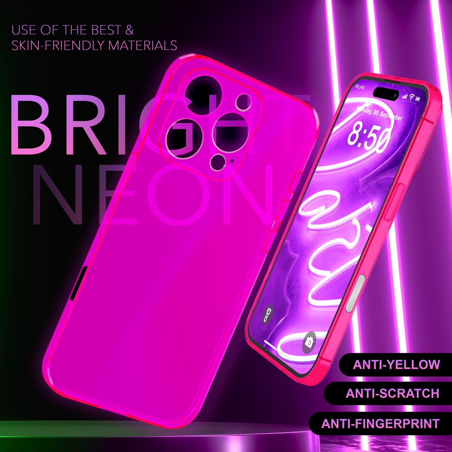 Rosa Handyhülle und Handy mit neonlila Hintergrund. Text beinhaltet 'Anti-Gelb'.