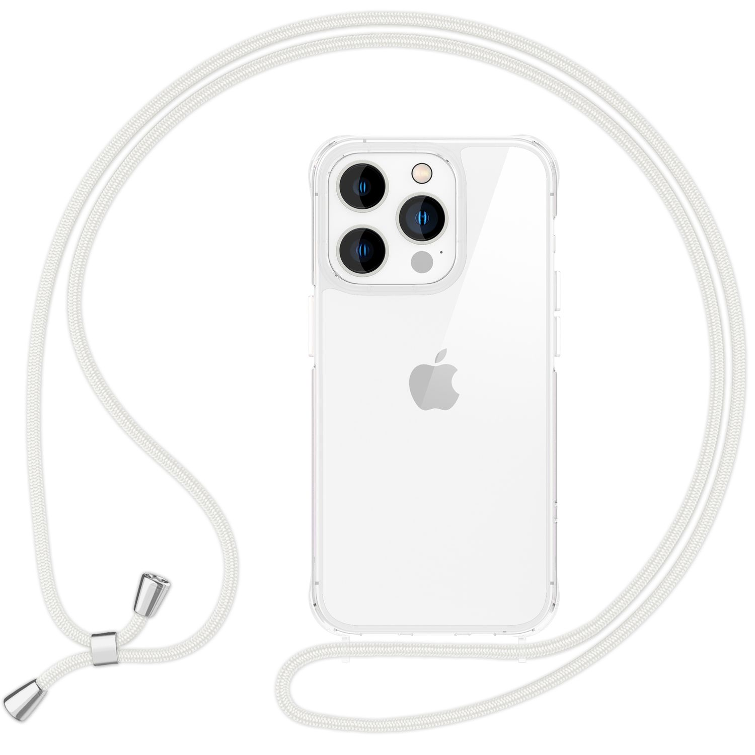 Transparente Handyhülle mit weißem Kordel. Das Handy hat drei Kameras, weißes Apple Logo. Weißer Hintergrund.