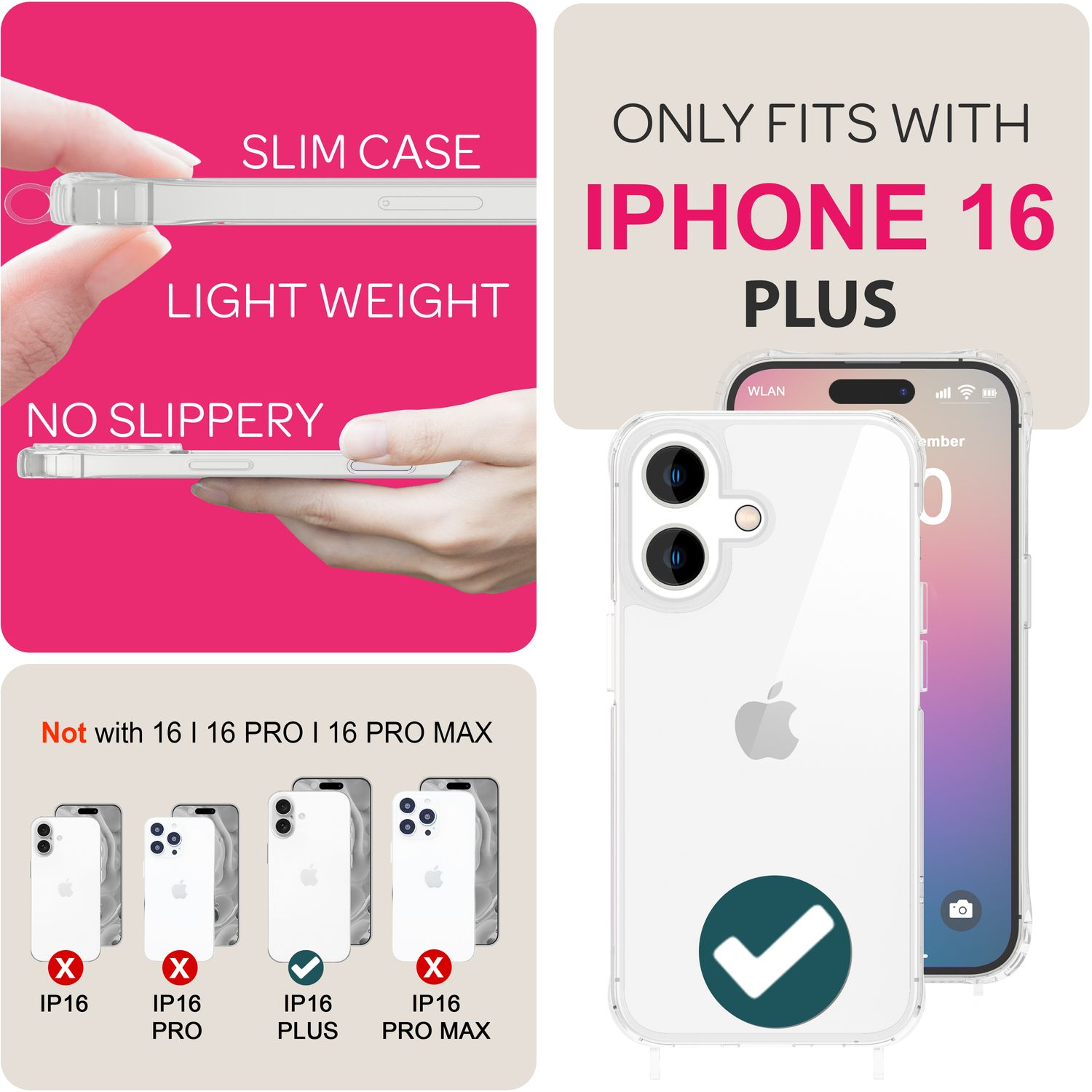 iPhone 16 Plus Handyhülle, transparent, schlank und leicht. Text: 'Nur passend für iPhone 16 Plus'.