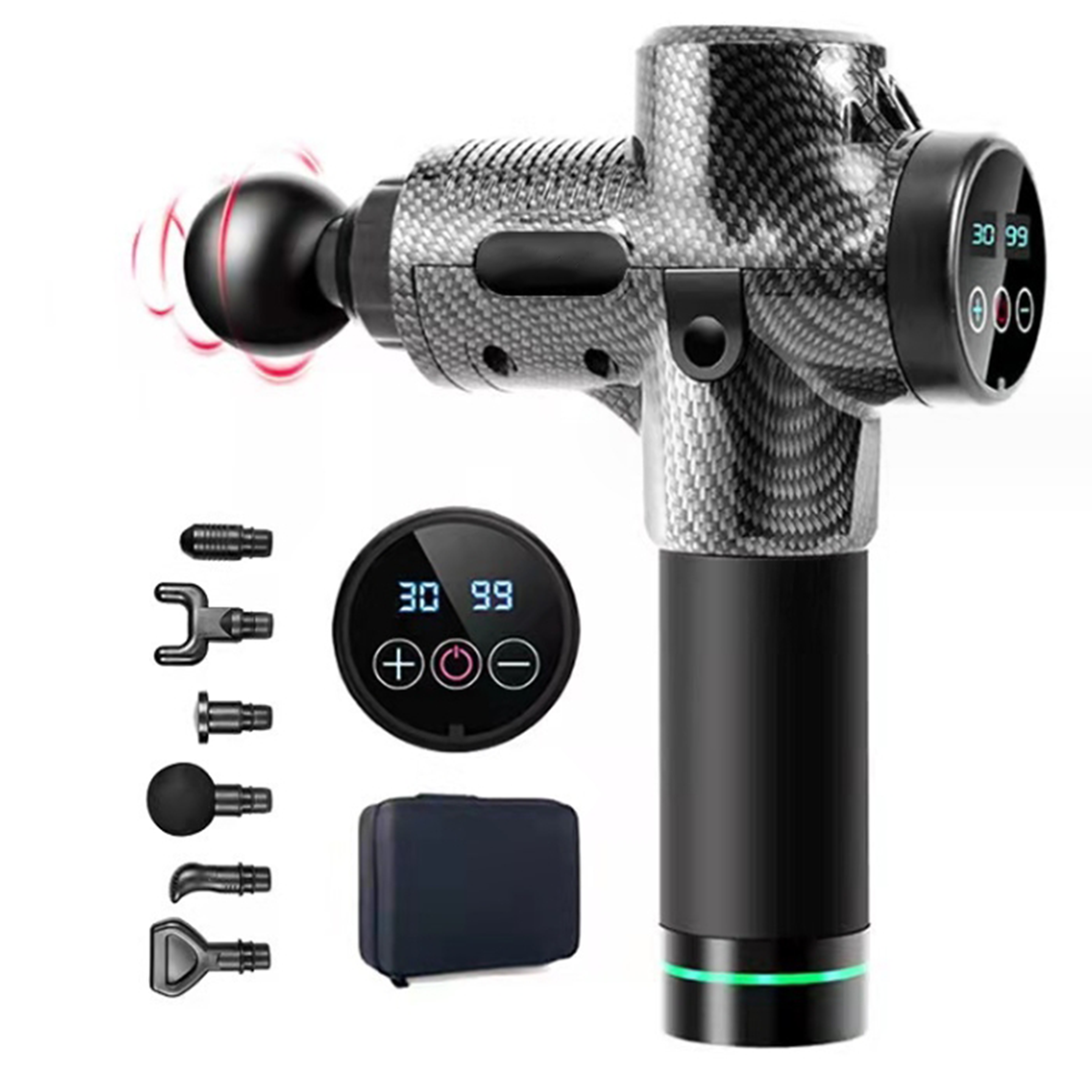Eine Massagepistole mit Aufsätzen. Die Pistole hat ein schwarz-graues Design und eine Digitalanzeige.
