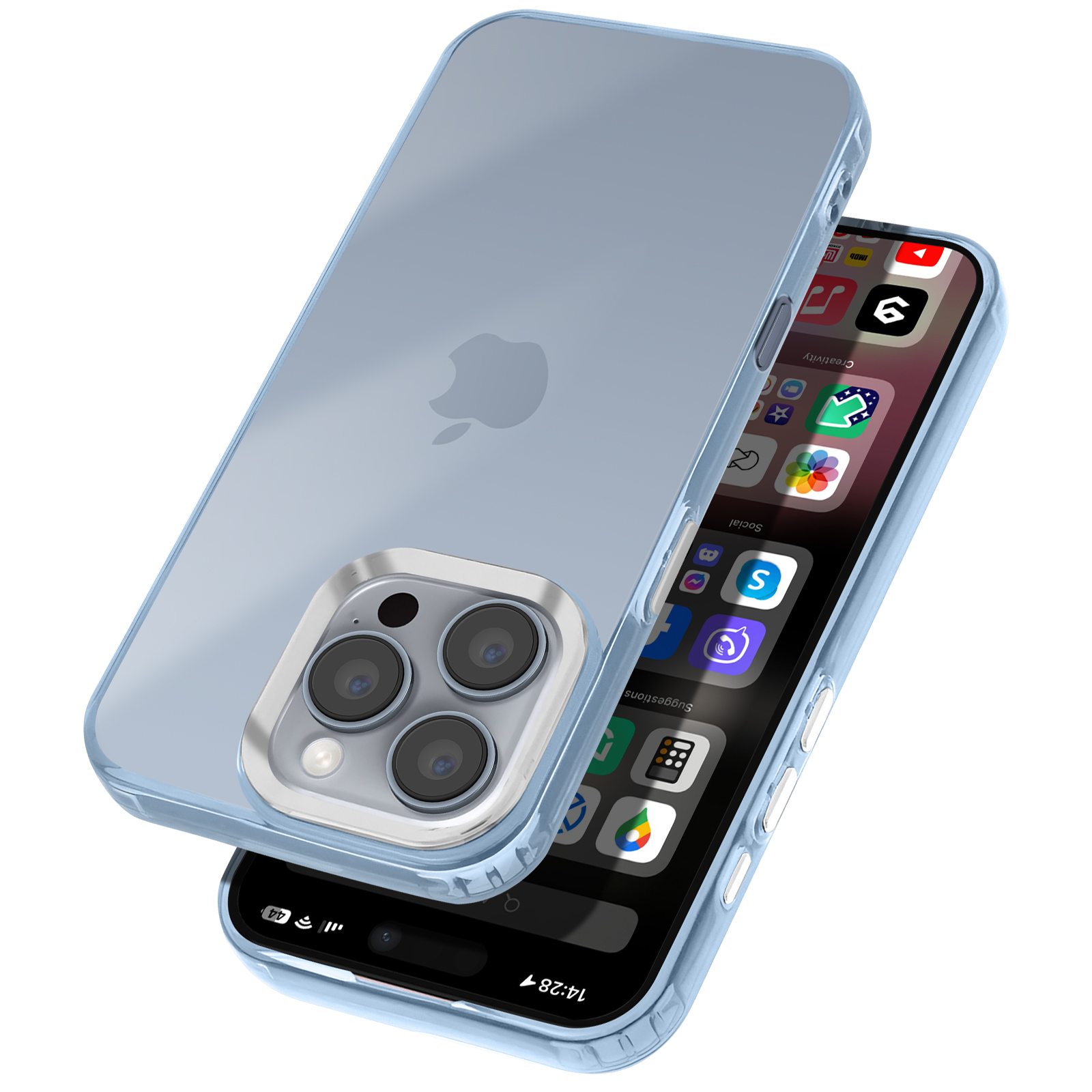 Un telefono in una custodia blu con retro trasparente, che mostra la schermata iniziale con le icone delle app.
