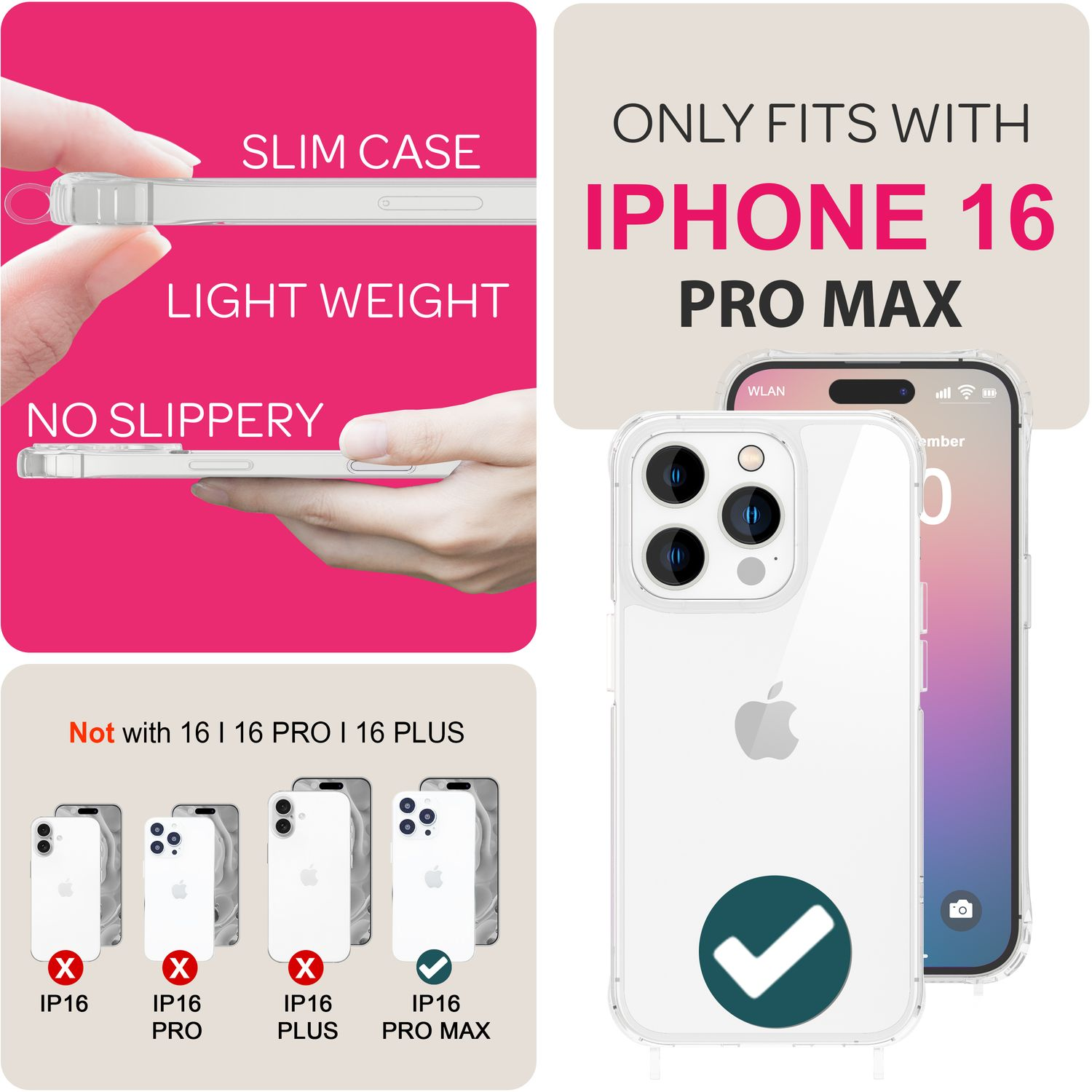 Transparente iPhone-Hülle mit Telefon. Text betont, dass sie nur für das iPhone 16 Pro Max passt.