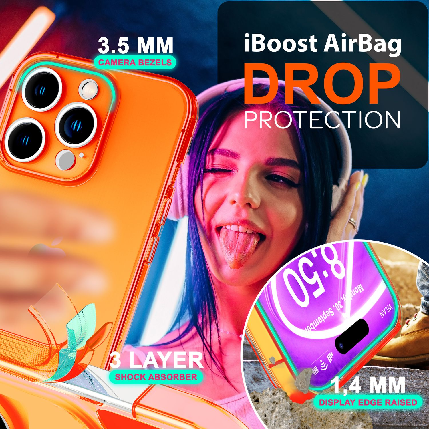 Orangefarbene Handyhülle auf einem Handy, Frau im Hintergrund mit Zunge raus. Text: Drop Protection.