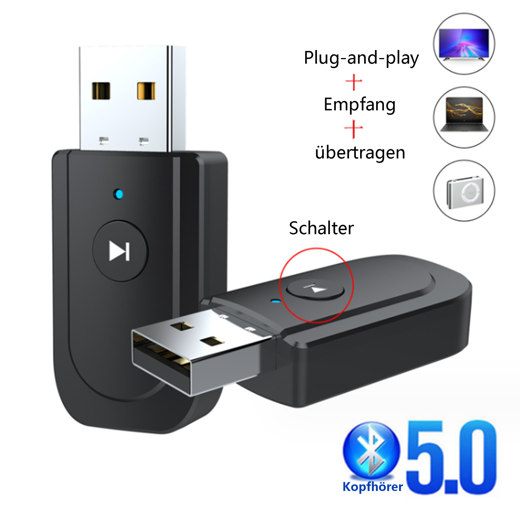 Ein schwarzer Bluetooth-Audioempfänger mit USB-Stecker und Taste, daneben Symbole und Text.