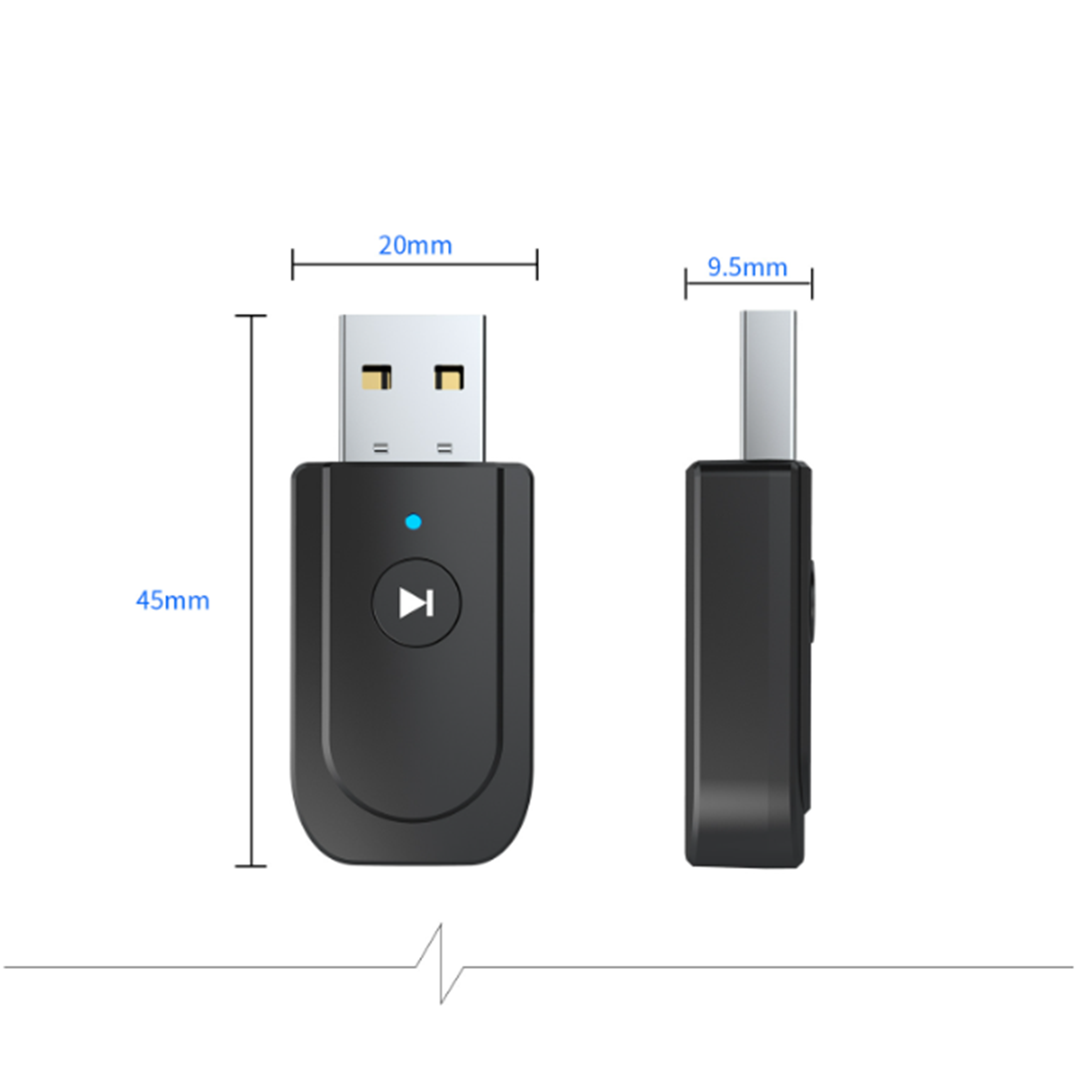 Schwarzer USB-Bluetooth-Empfänger. Abmessungen: 45 mm Länge, 20 mm Breite und 9,5 mm Dicke.