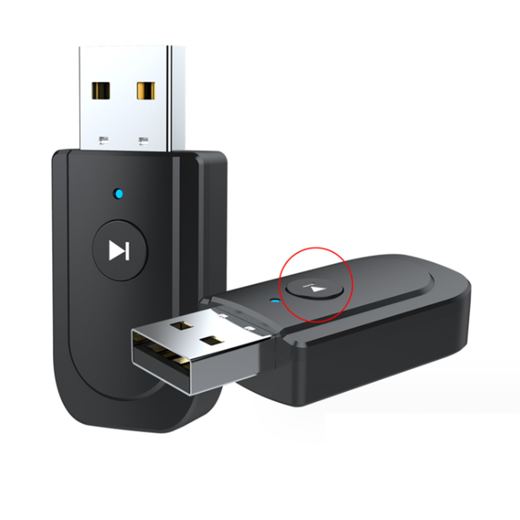 Schwarzer USB-Bluetooth-Adapter mit Wiedergabe/Pause-Taste.