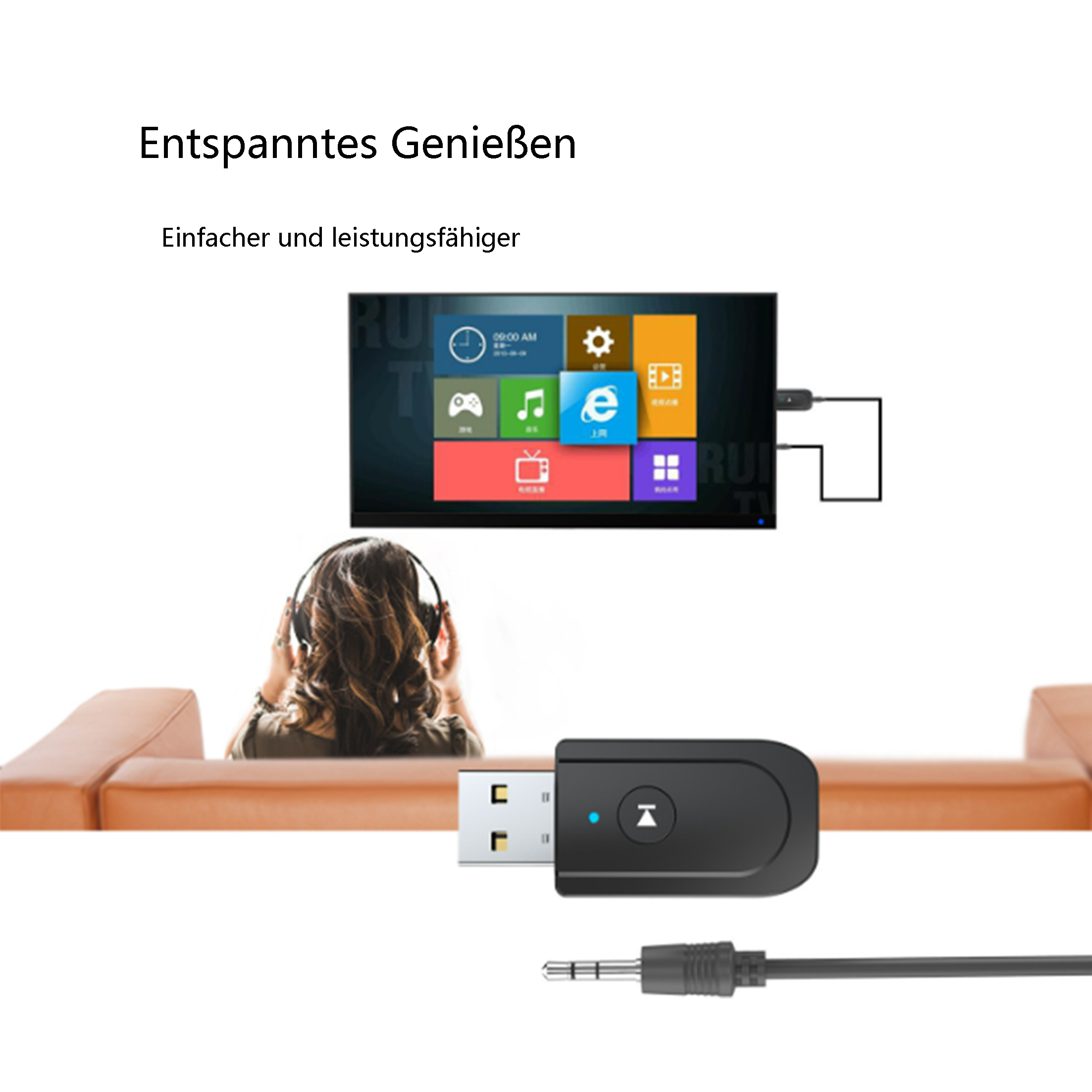 Ein schwarzer Bluetooth-Adapter. Er ist an einen Fernseher und ein Kabel angeschlossen. Eine Frau schaut fern.